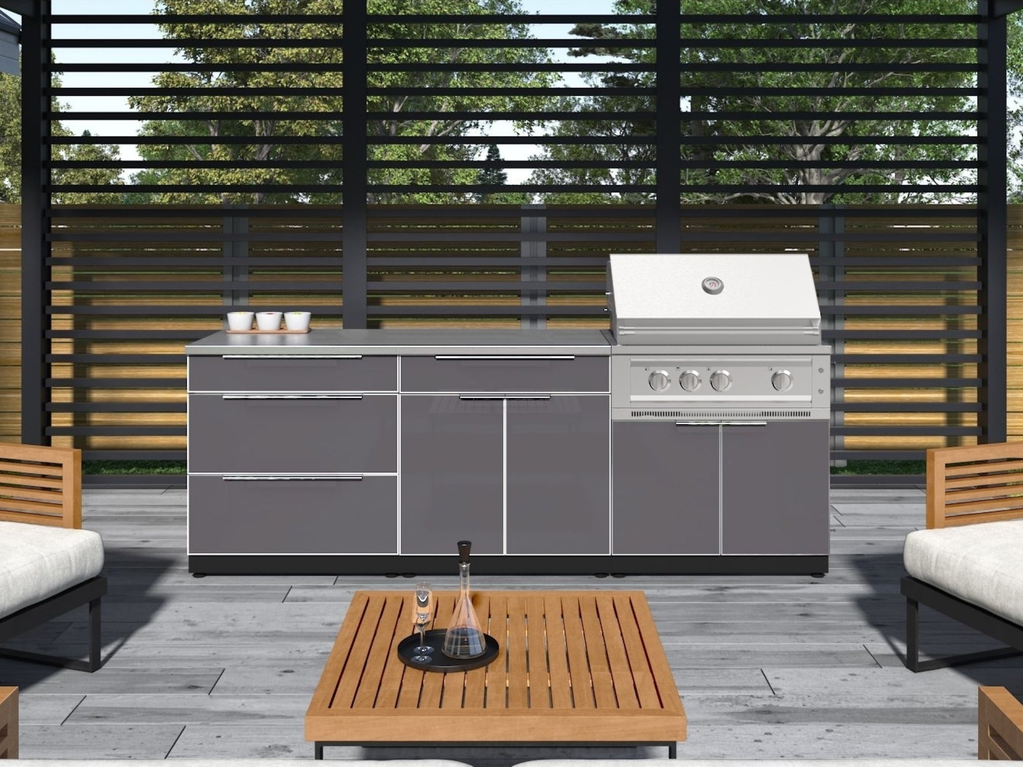 Outdoor Kitchen Aluminum 6 Piece Cabinet Set with Platinum Grill, Dual Side Burner, Bar and Grill Cabinet and Stainless Steel Countertop