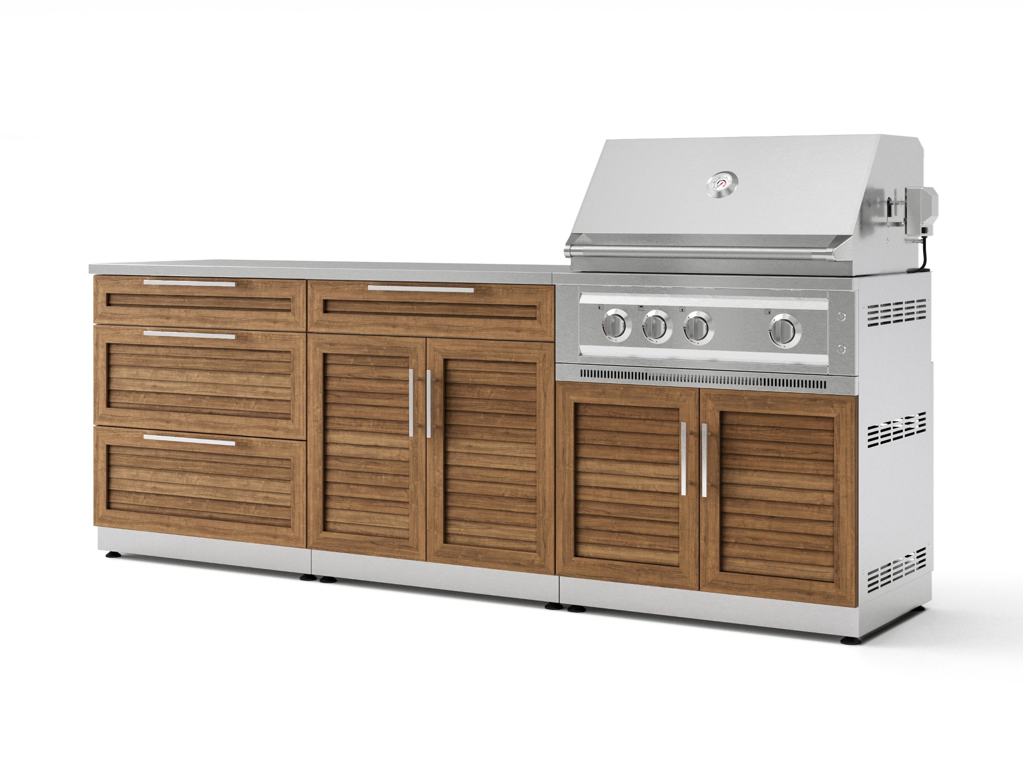 Outdoor Kitchen Stainless-Steel Louvered Doors 5 Piece Cabinet Set with with 3-Drawer, Bar, Grill Cabinet, Platinum Grill and Countertop