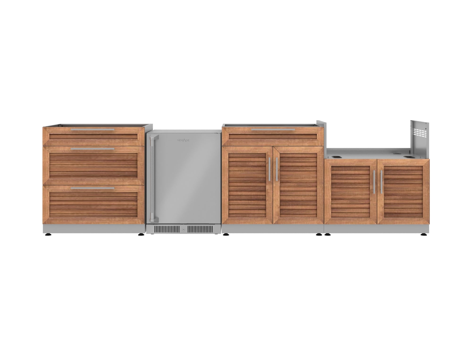 Outdoor Kitchen Stainless Steel Louvered Doors 4 Piece Cabinet Set with 3-Drawer, Bar, Grill Cabinet and Fridge