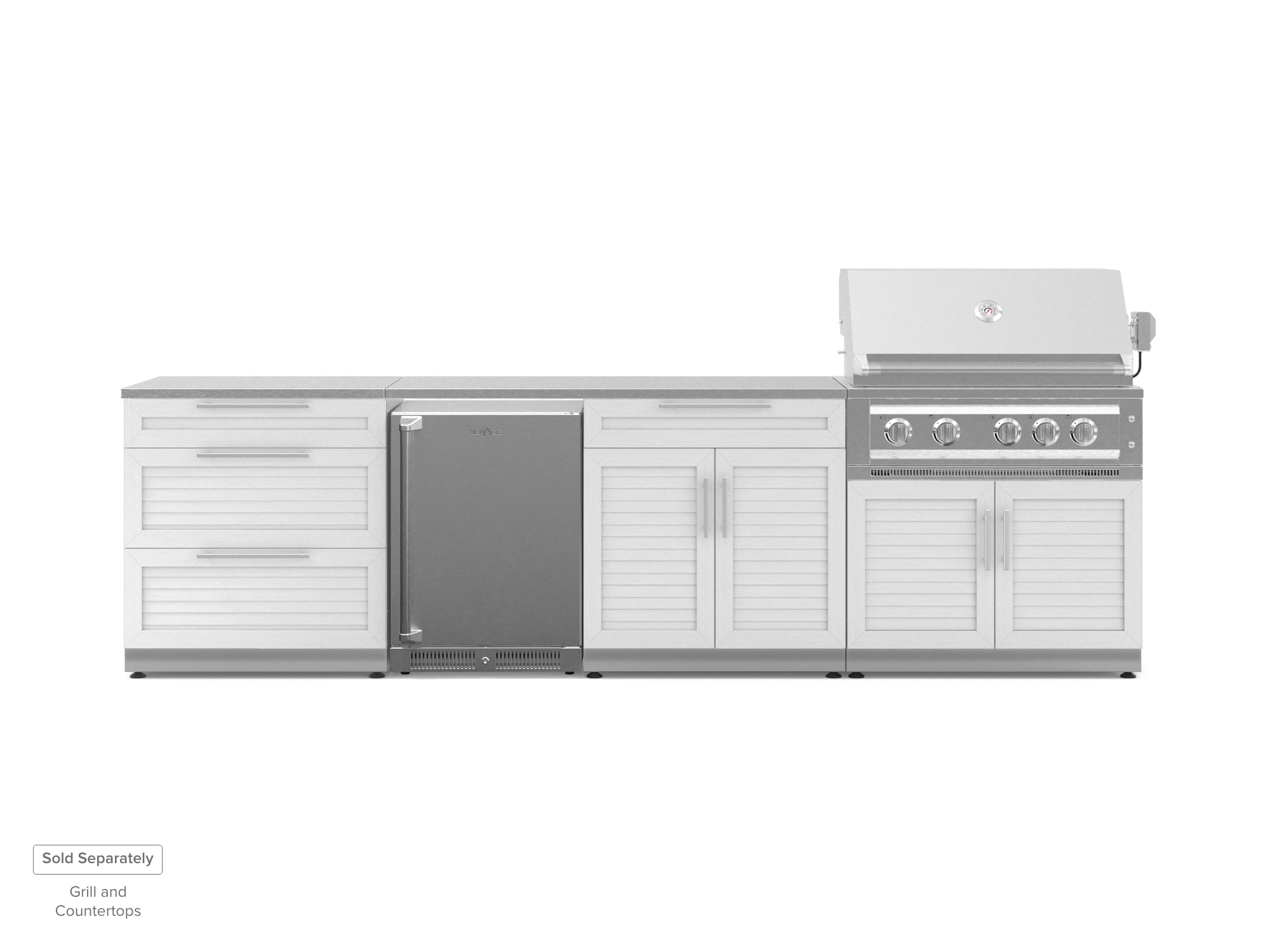 Outdoor Kitchen Stainless Steel Louvered Doors 4 Piece Cabinet Set with 3-Drawer, Bar, Grill Cabinet and Fridge