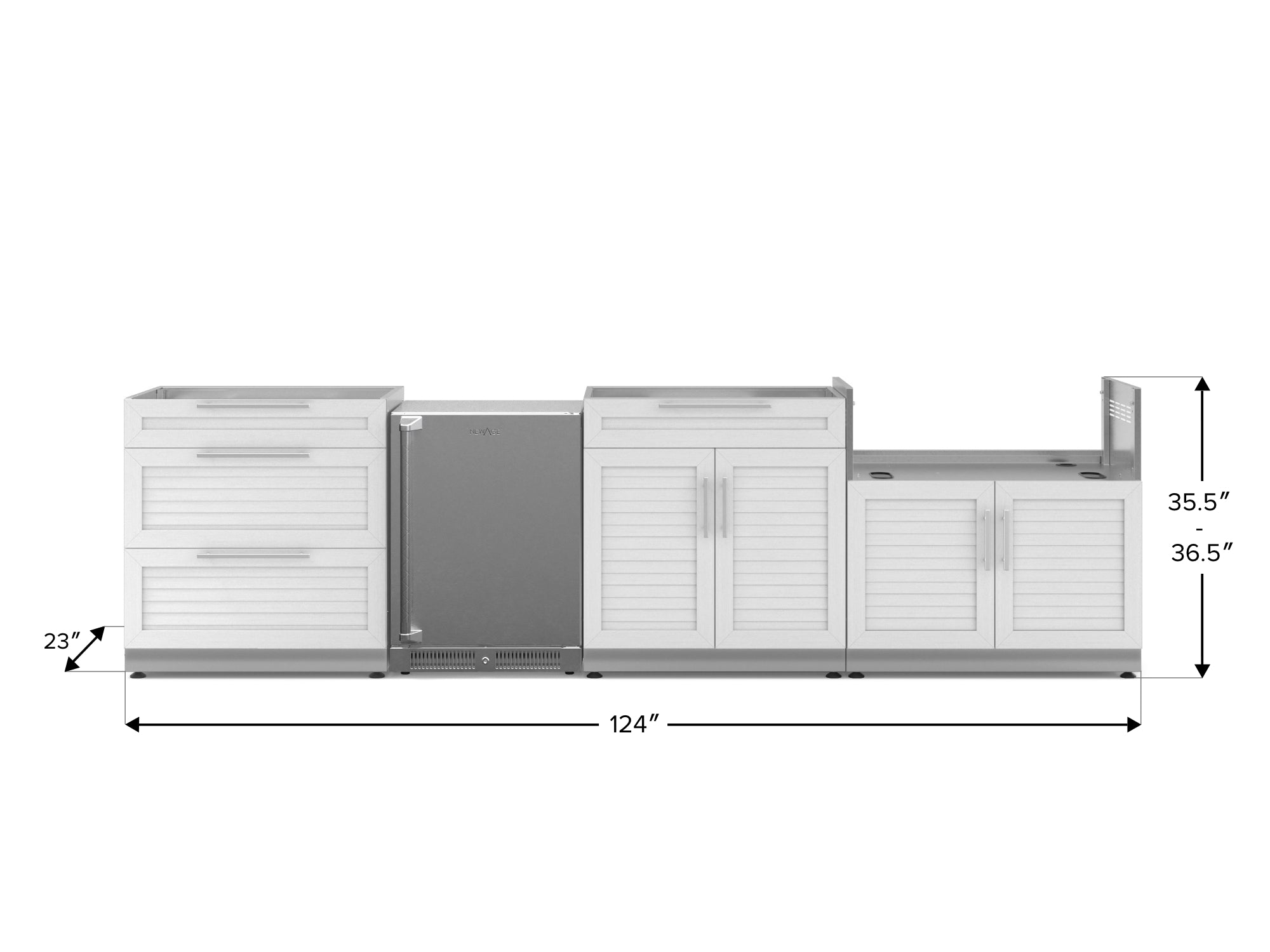 Outdoor Kitchen Stainless Steel Louvered Doors 4 Piece Cabinet Set with 3-Drawer, Bar, Grill Cabinet and Fridge