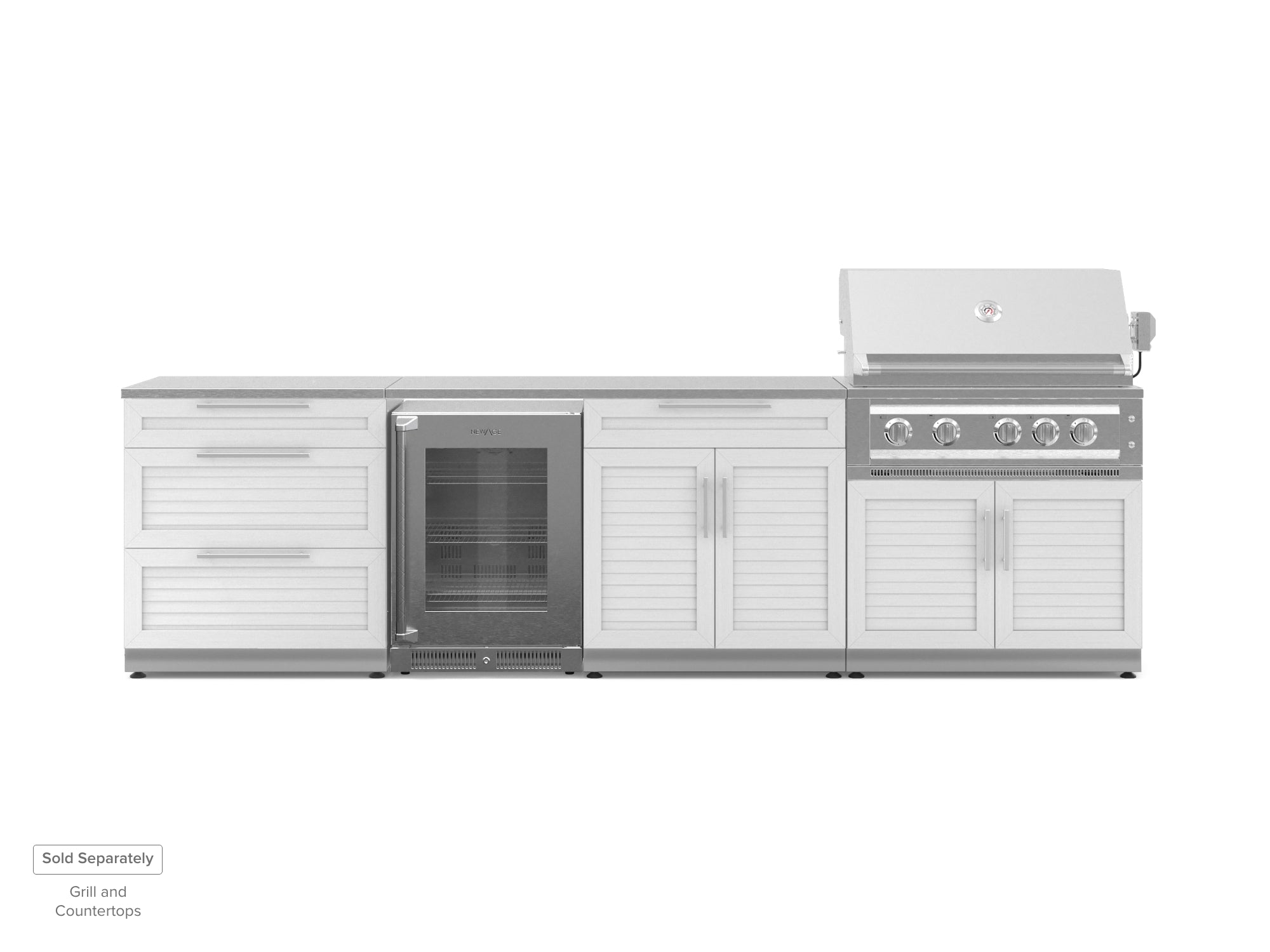 Outdoor Kitchen Stainless Steel Louvered Doors 4 Piece Cabinet Set with 3-Drawer, Bar, Grill Cabinet and Fridge
