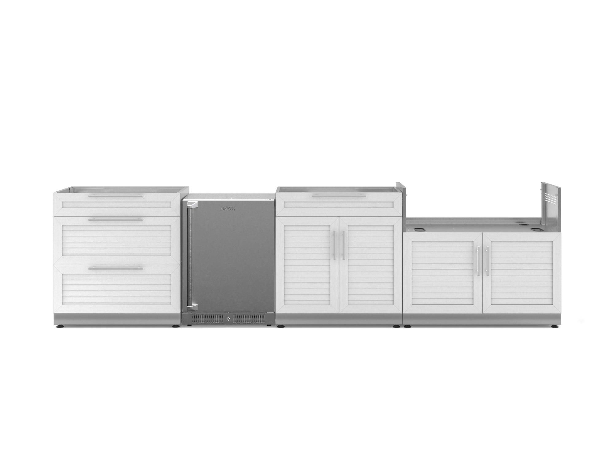 Outdoor Kitchen Stainless Steel Louvered Doors 4 Piece Cabinet Set with 3-Drawer, Bar, Grill Cabinet and Fridge