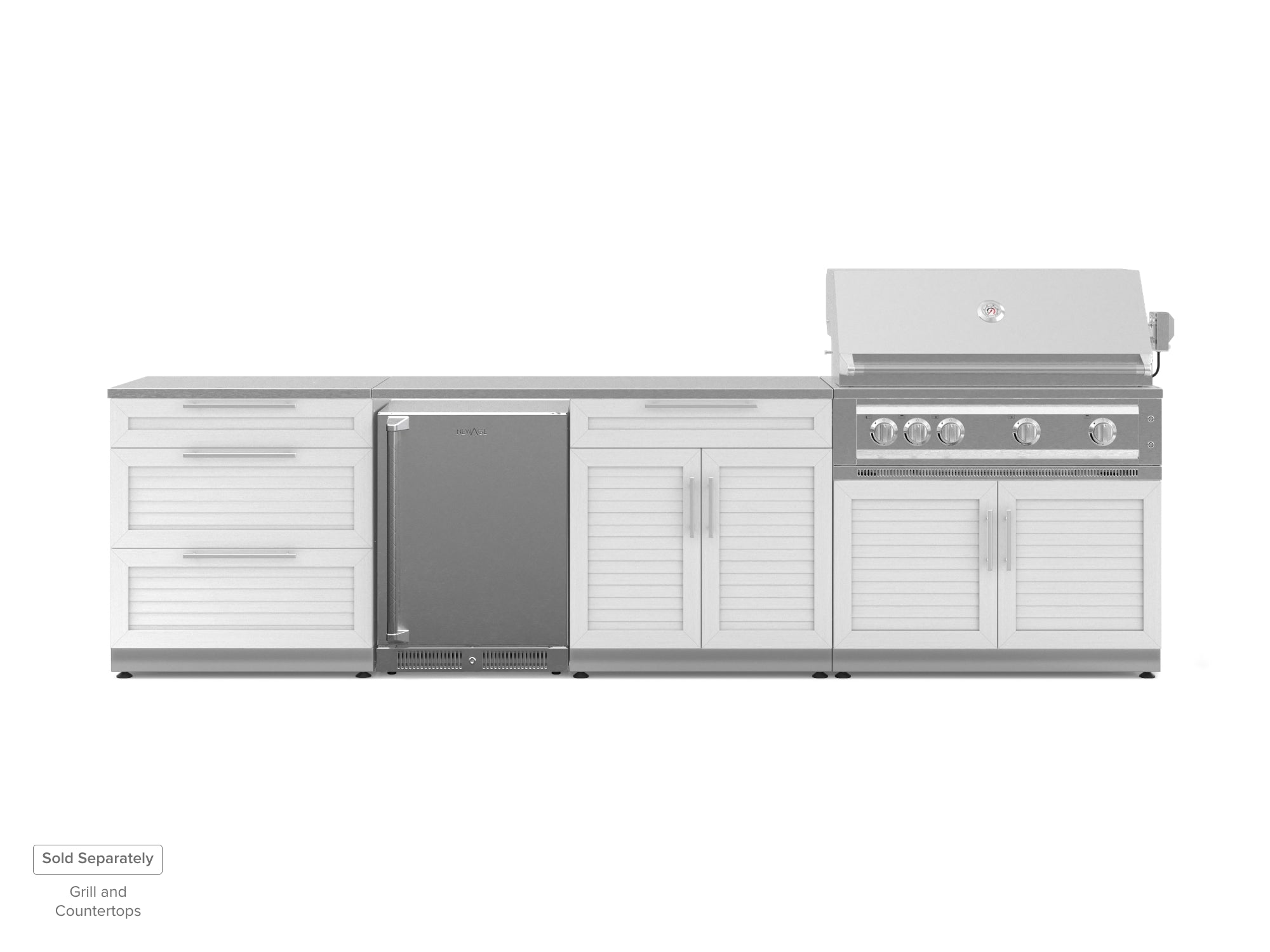 Outdoor Kitchen Stainless Steel Louvered Doors 4 Piece Cabinet Set with 3-Drawer, Bar, Grill Cabinet and Fridge