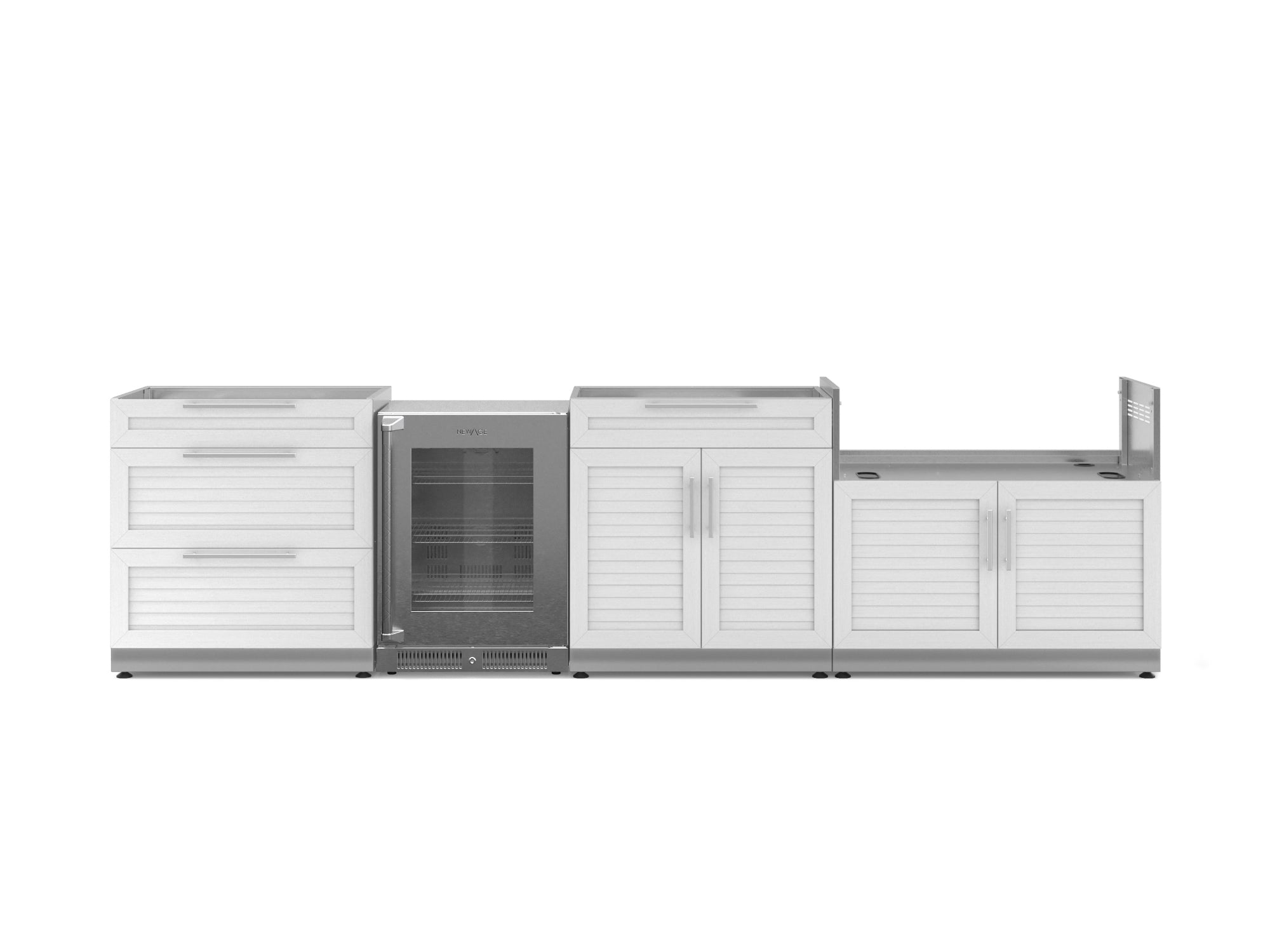 Outdoor Kitchen Stainless Steel Louvered Doors 4 Piece Cabinet Set with 3-Drawer, Bar, Grill Cabinet and Fridge