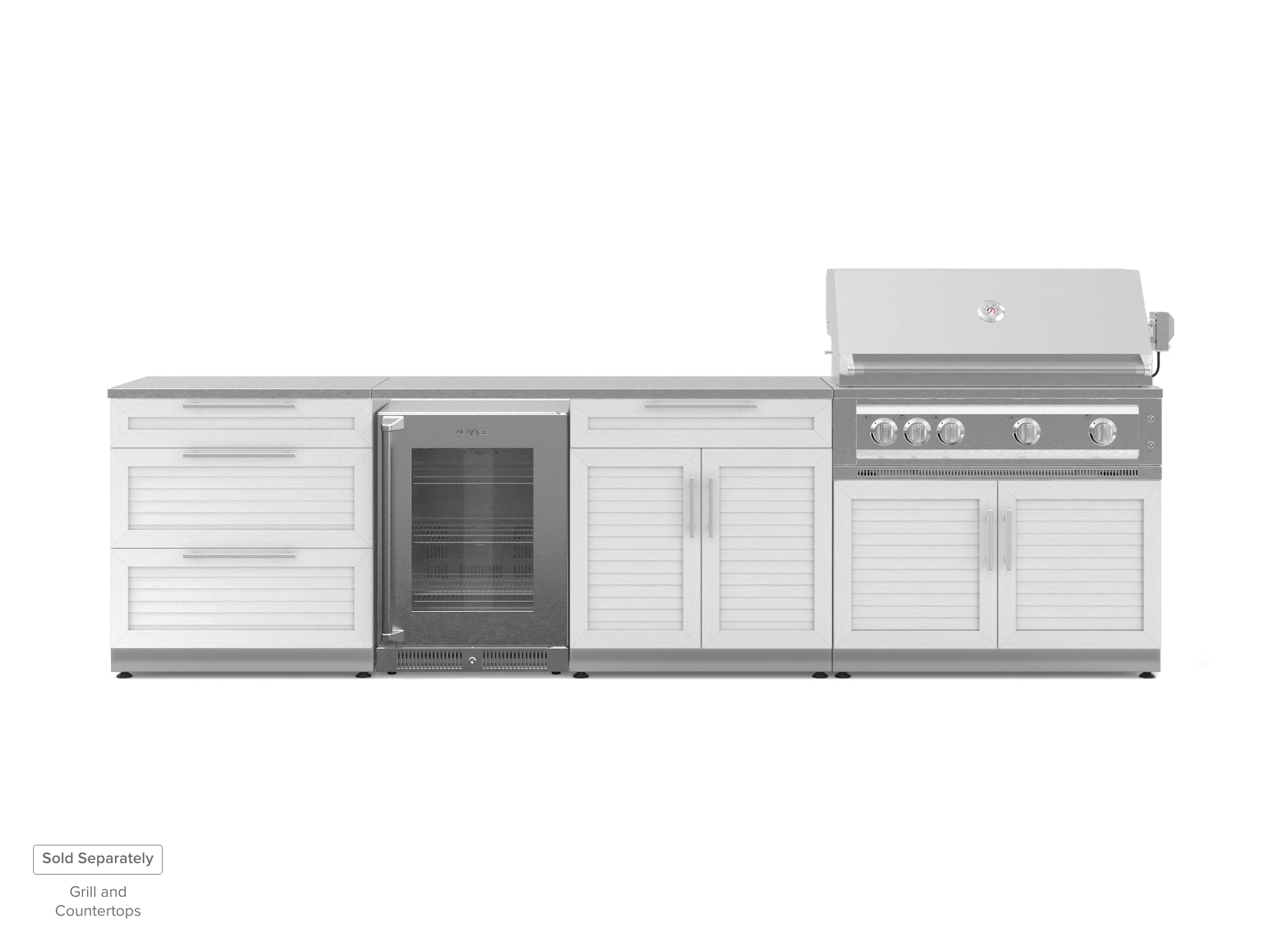 Outdoor Kitchen Stainless Steel Louvered Doors 4 Piece Cabinet Set with 3-Drawer, Bar, Grill Cabinet and Fridge