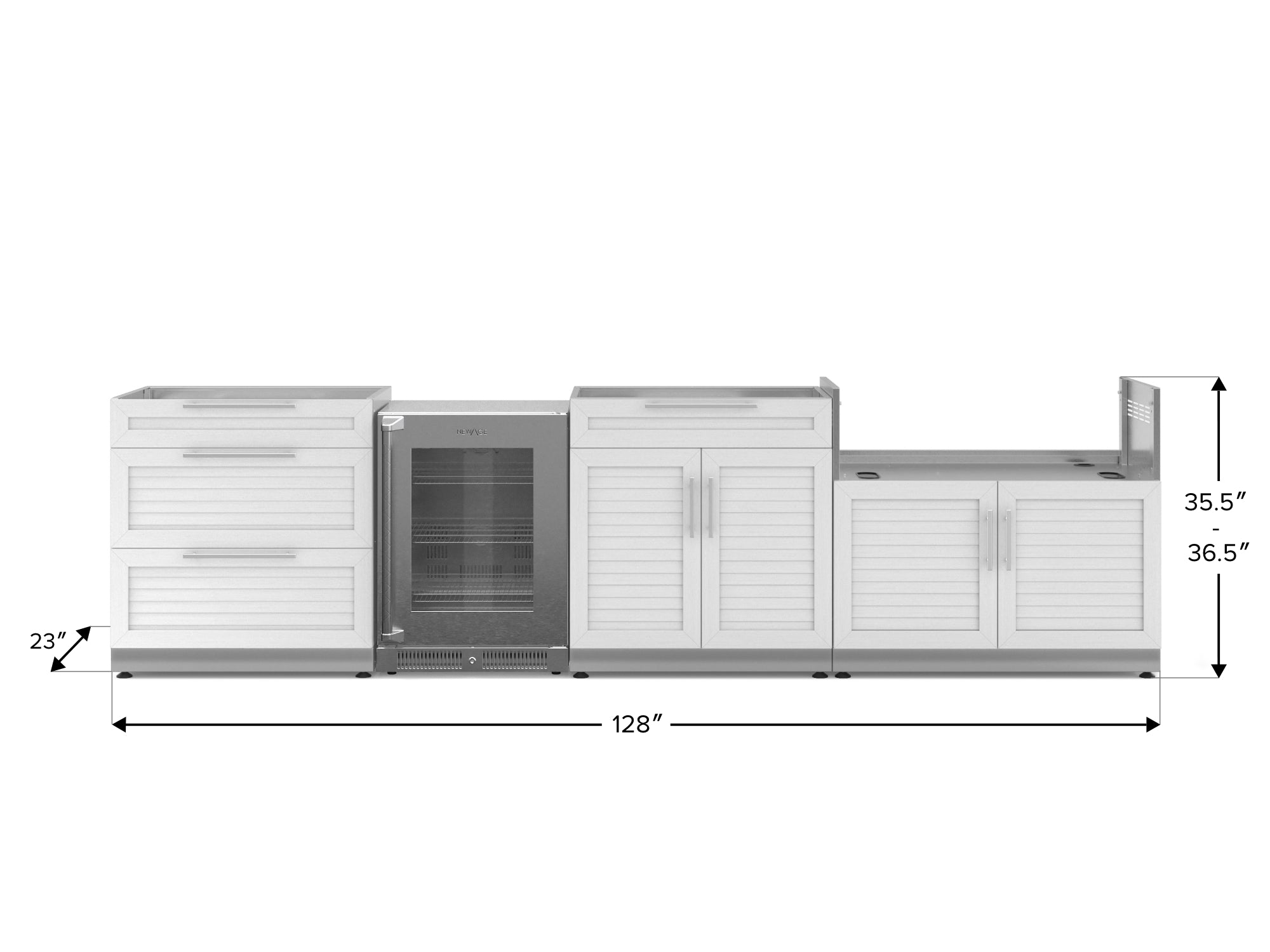 Outdoor Kitchen Stainless Steel Louvered Doors 4 Piece Cabinet Set with 3-Drawer, Bar, Grill Cabinet and Fridge