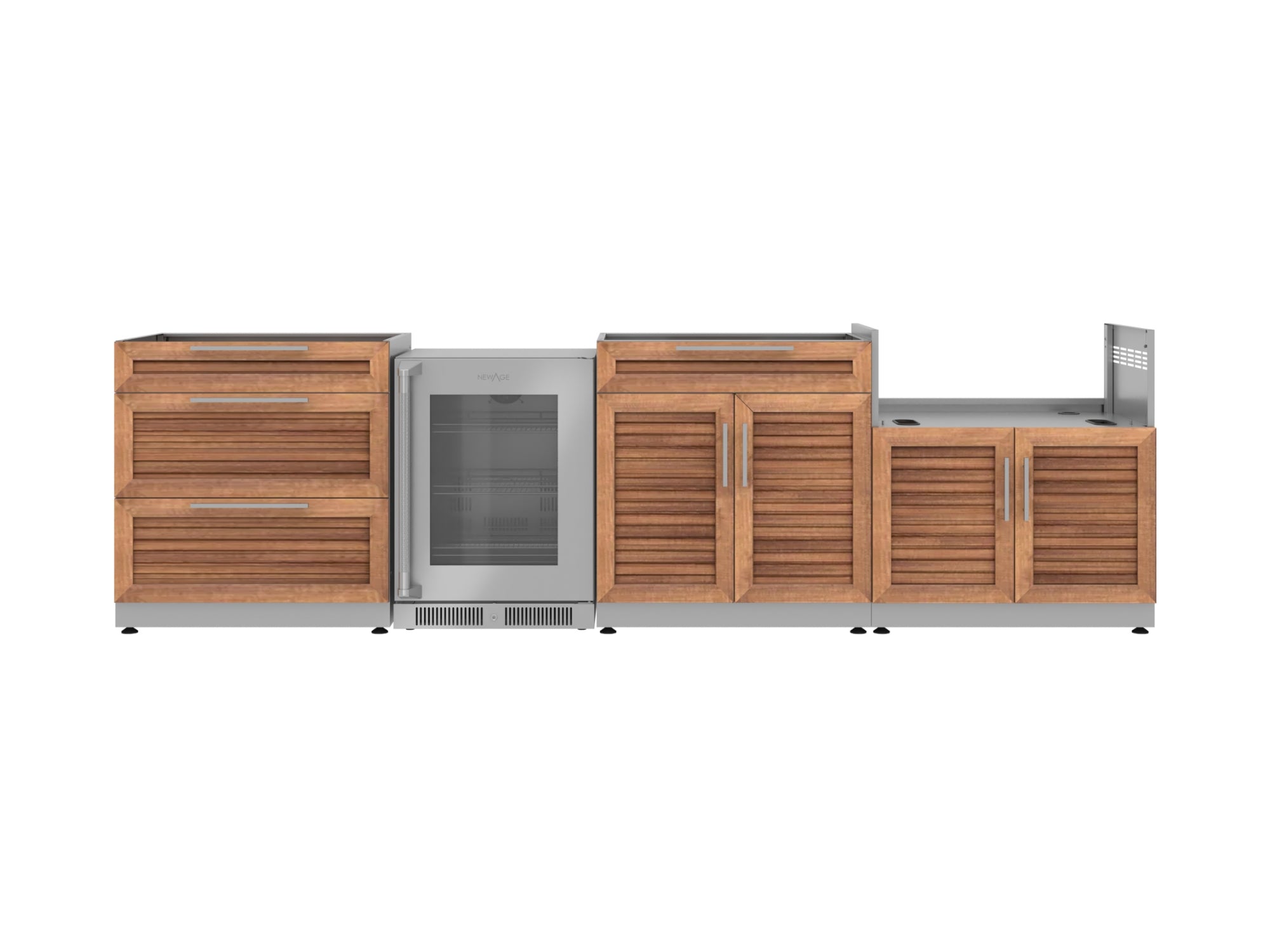 Outdoor Kitchen Stainless Steel Louvered Doors 4 Piece Cabinet Set with 3-Drawer, Bar, Grill Cabinet and Fridge