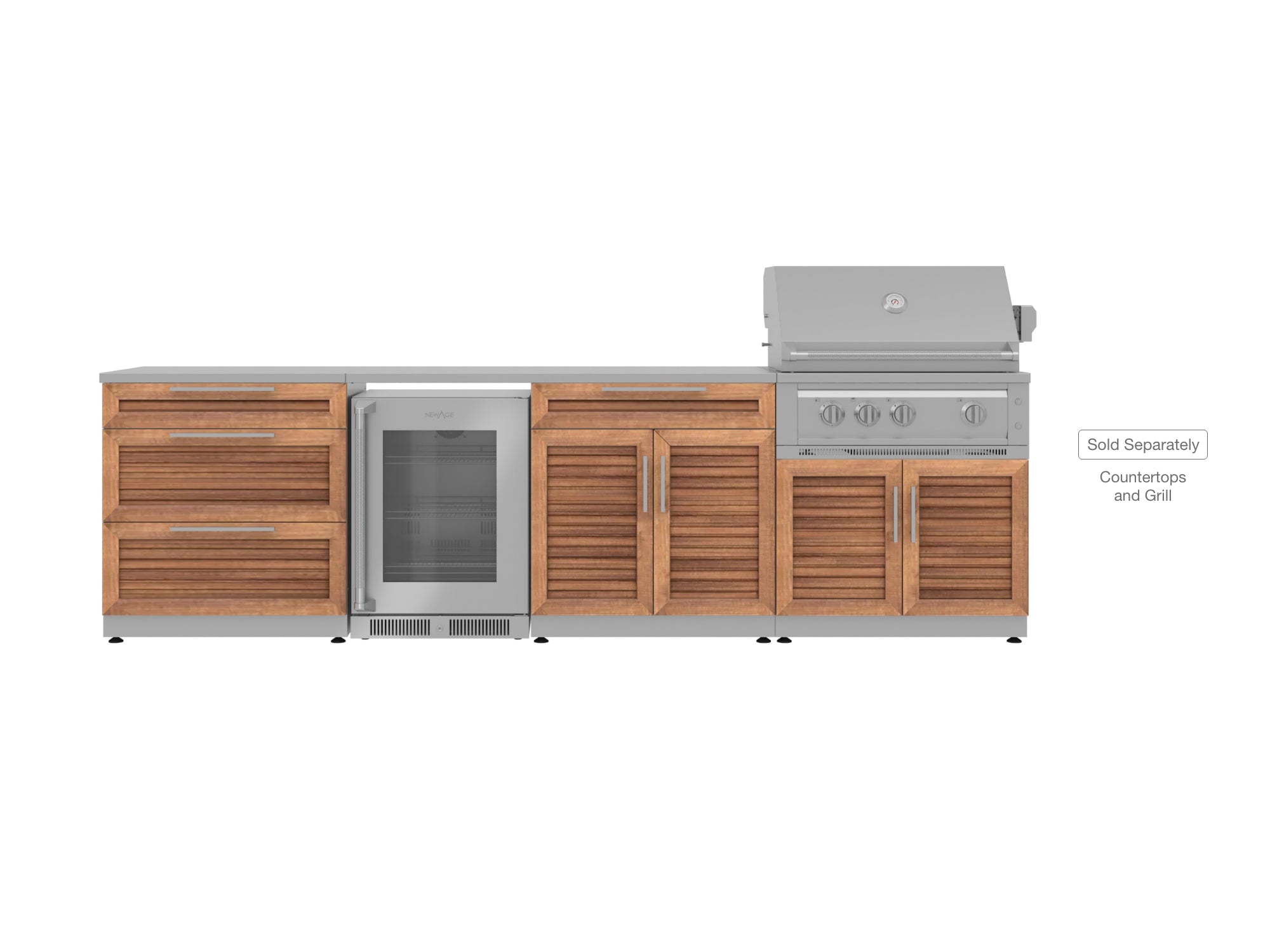 Outdoor Kitchen Stainless Steel Louvered Doors 4 Piece Cabinet Set with 3-Drawer, Bar, Grill Cabinet and Fridge
