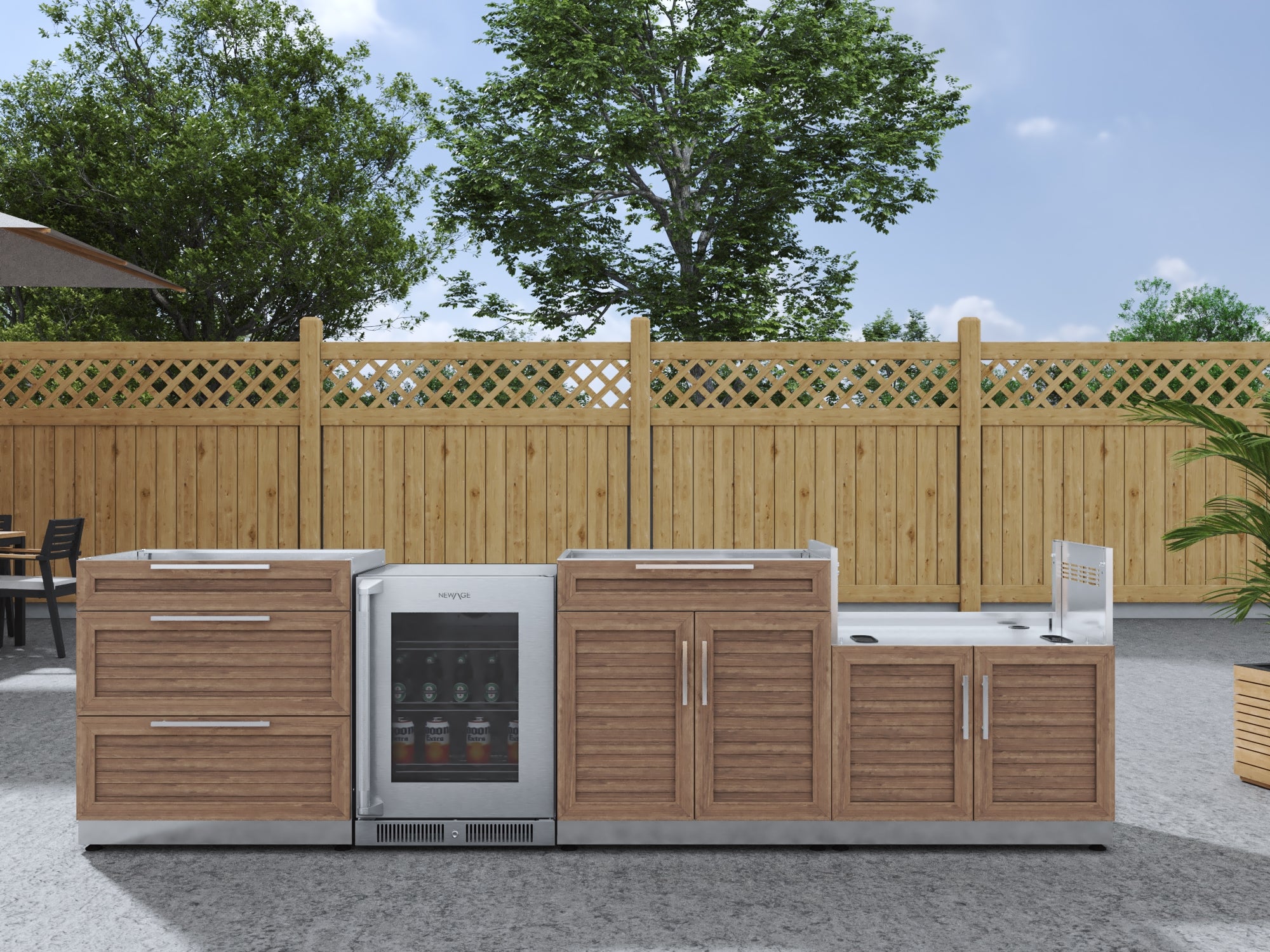 Outdoor Kitchen Stainless Steel Louvered Doors 4 Piece Cabinet Set with 3-Drawer, Bar, Grill Cabinet and Fridge