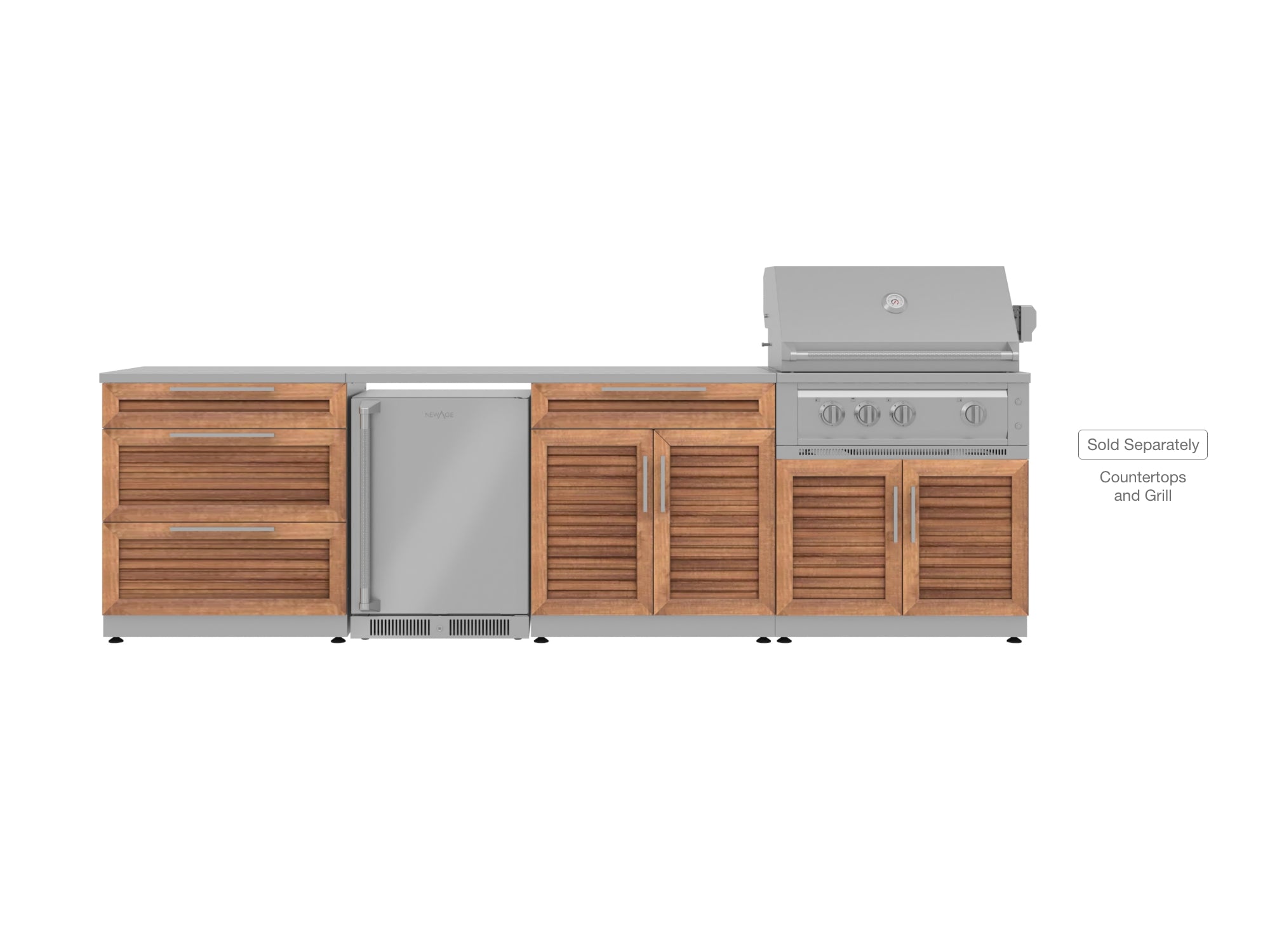 Outdoor Kitchen Stainless Steel Louvered Doors 4 Piece Cabinet Set with 3-Drawer, Bar, Grill Cabinet and Fridge
