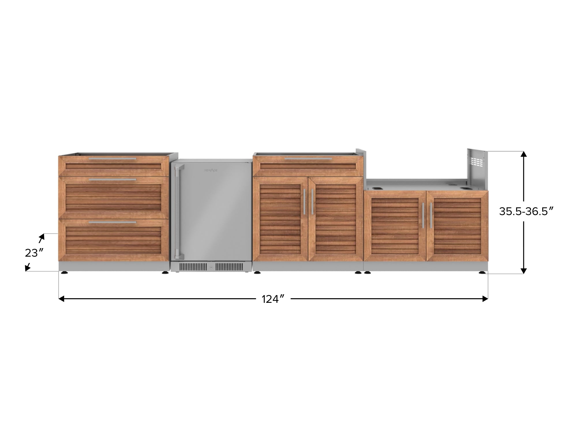 Outdoor Kitchen Stainless Steel Louvered Doors 4 Piece Cabinet Set with 3-Drawer, Bar, Grill Cabinet and Fridge