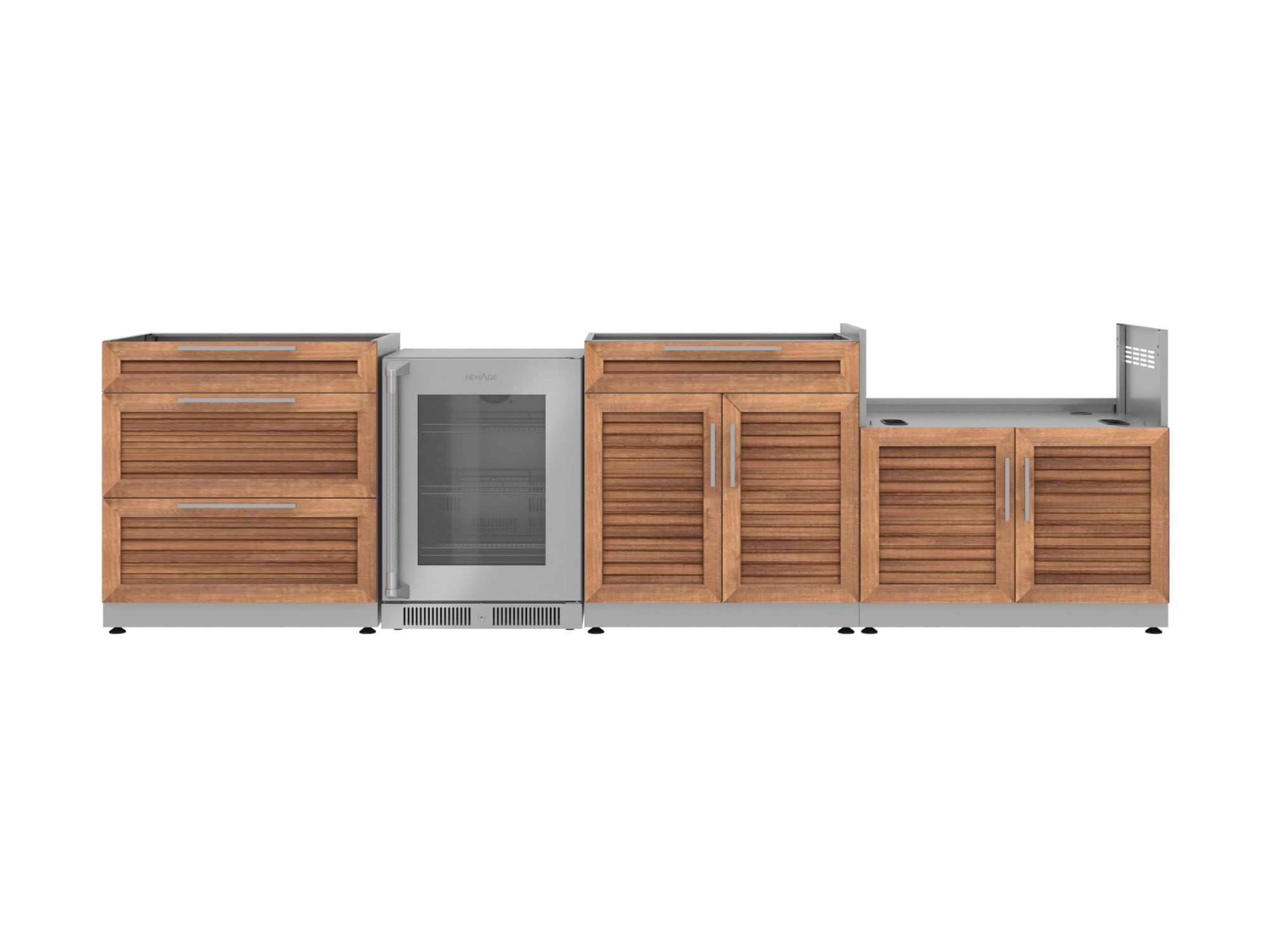 Outdoor Kitchen Stainless Steel Louvered Doors 4 Piece Cabinet Set with 3-Drawer, Bar, Grill Cabinet and Fridge