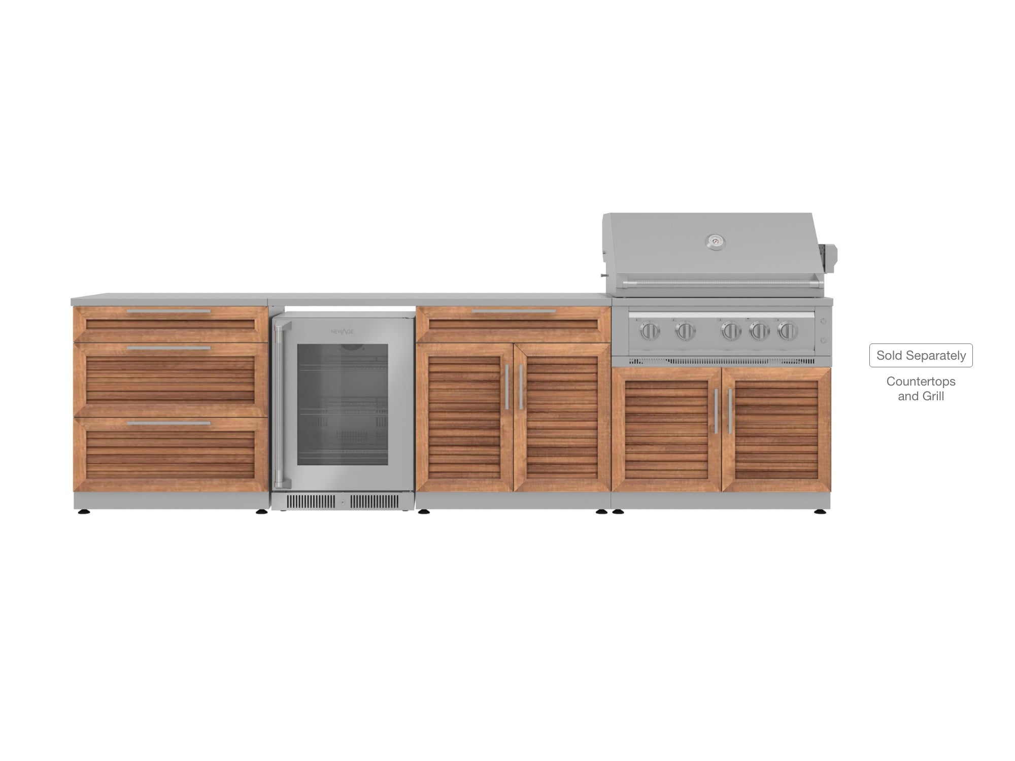 Outdoor Kitchen Stainless Steel Louvered Doors 4 Piece Cabinet Set with 3-Drawer, Bar, Grill Cabinet and Fridge