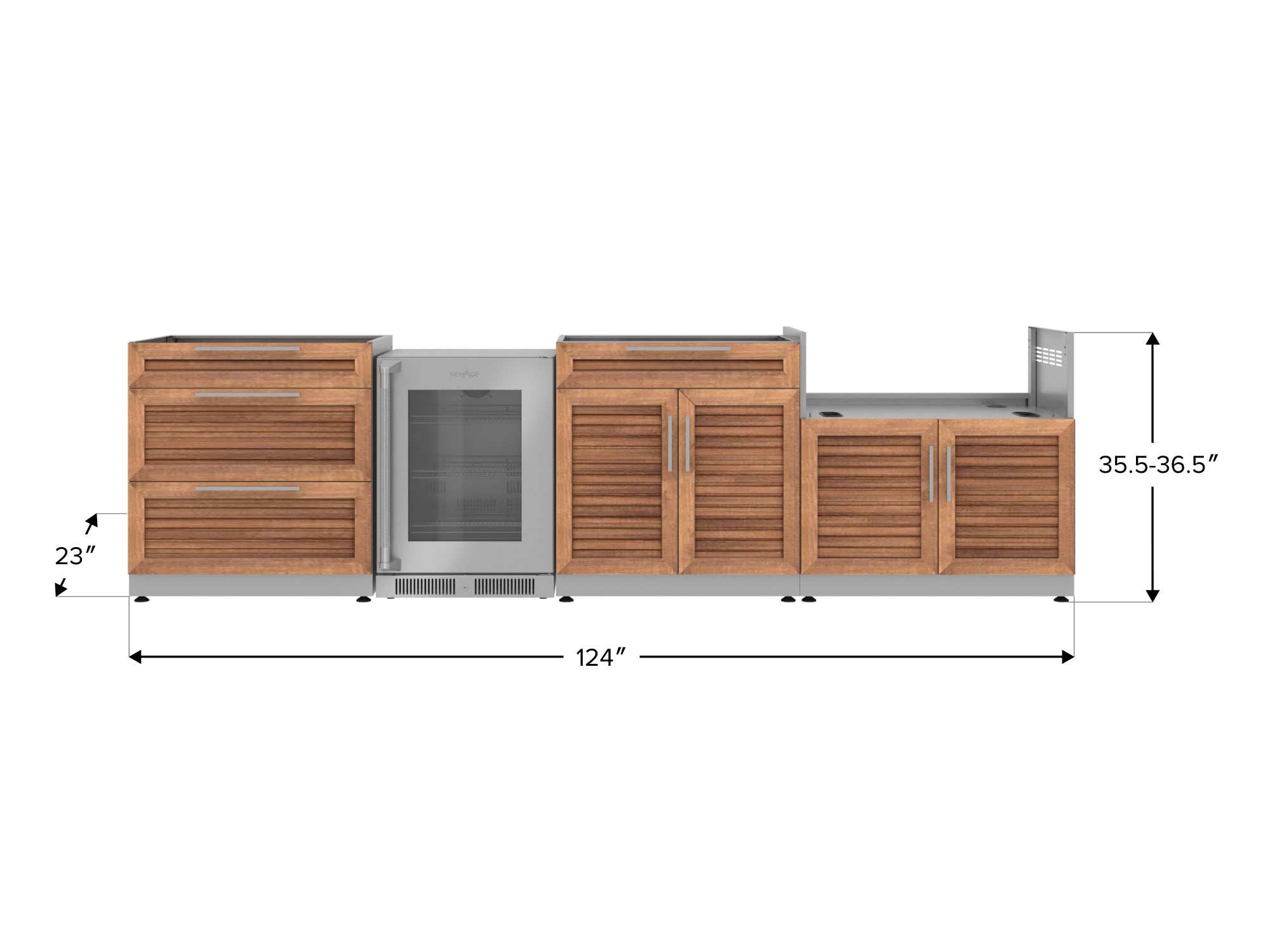Outdoor Kitchen Stainless Steel Louvered Doors 4 Piece Cabinet Set with 3-Drawer, Bar, Grill Cabinet and Fridge