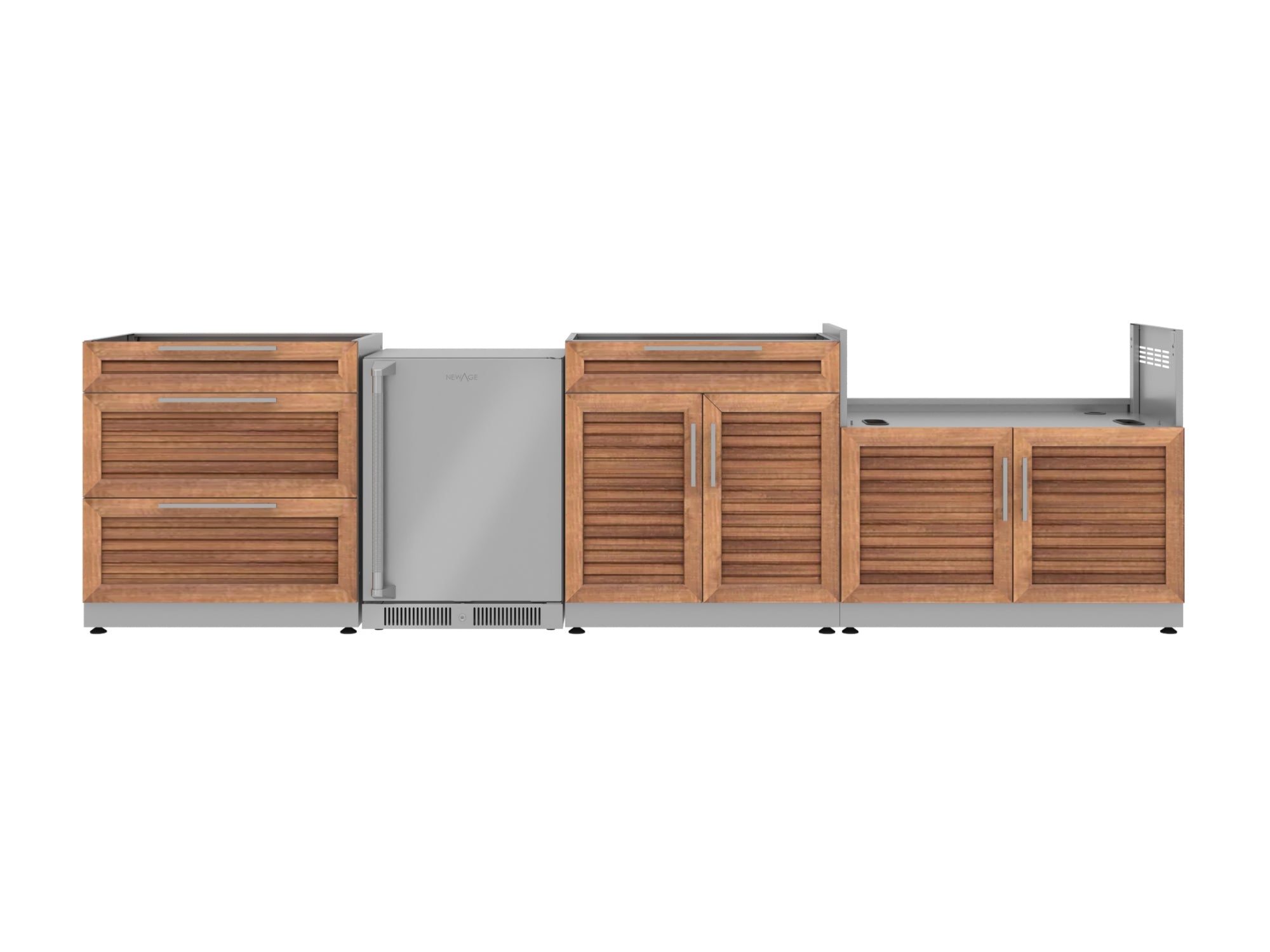 Outdoor Kitchen Stainless Steel Louvered Doors 4 Piece Cabinet Set with 3-Drawer, Bar, Grill Cabinet and Fridge