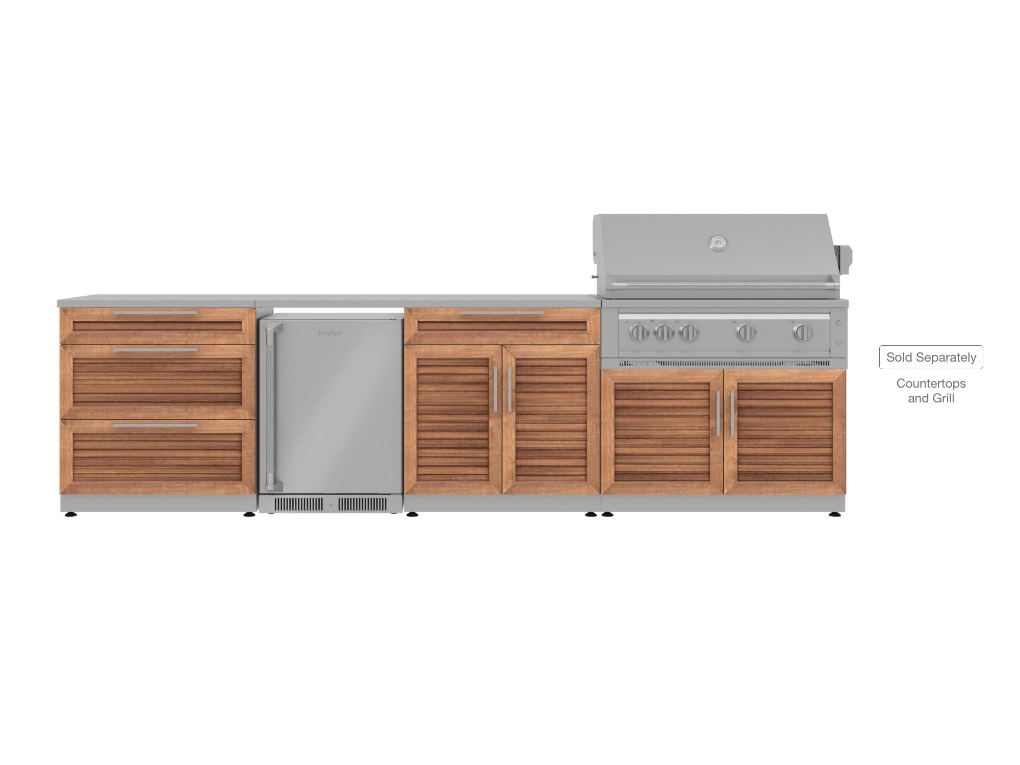Outdoor Kitchen Stainless Steel Louvered Doors 4 Piece Cabinet Set with 3-Drawer, Bar, Grill Cabinet and Fridge