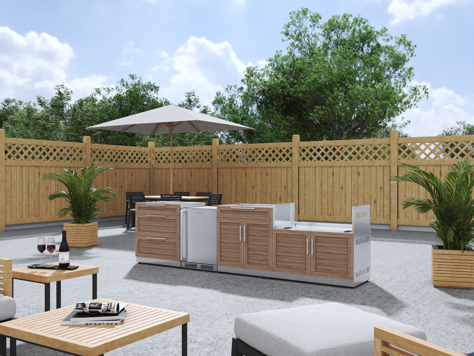 Outdoor Kitchen Stainless Steel Louvered Doors 4 Piece Cabinet Set with 3-Drawer, Bar, Grill Cabinet and Fridge