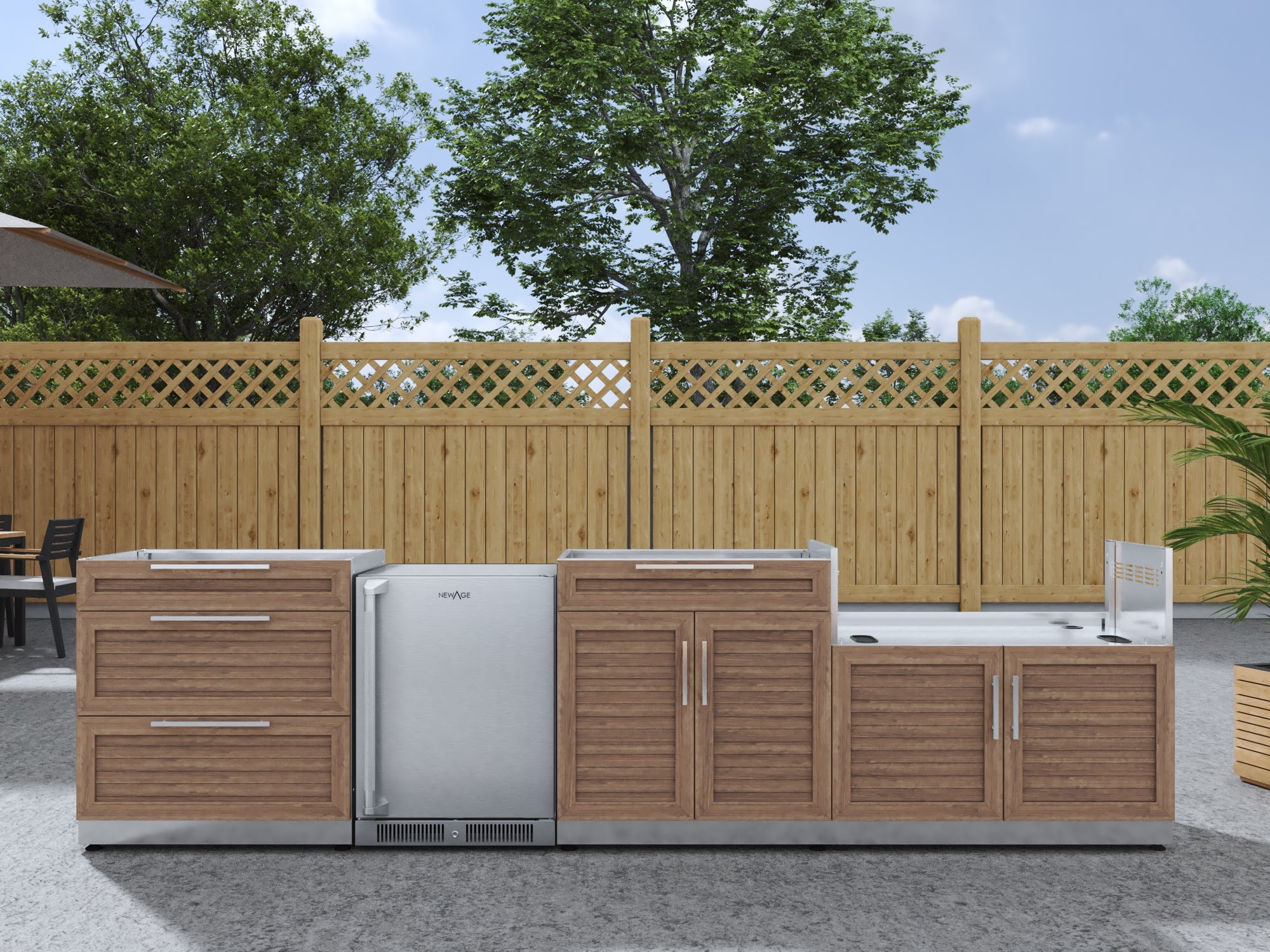 Outdoor Kitchen Stainless Steel Louvered Doors 4 Piece Cabinet Set with 3-Drawer, Bar, Grill Cabinet and Fridge