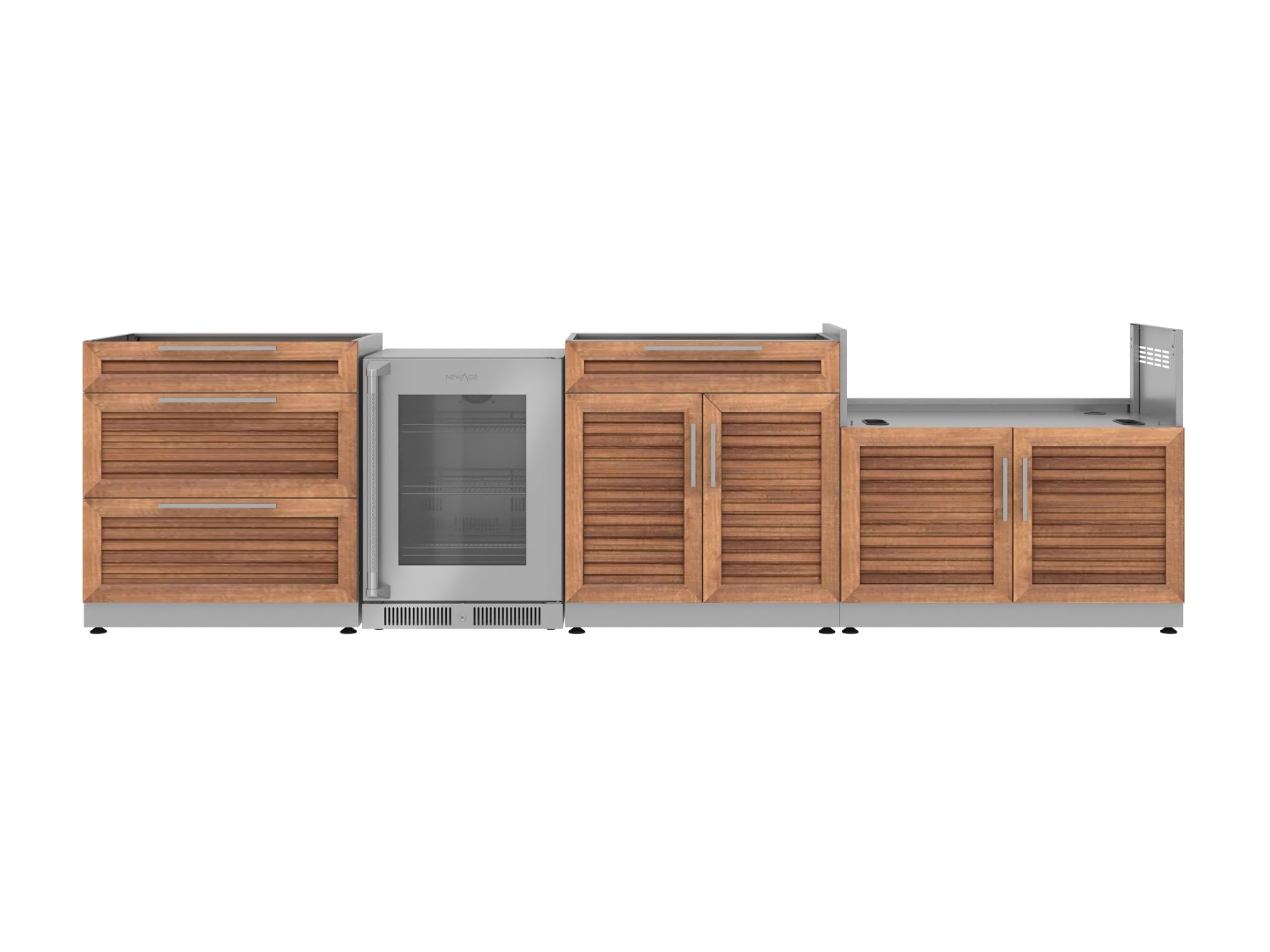 Outdoor Kitchen Stainless Steel Louvered Doors 4 Piece Cabinet Set with 3-Drawer, Bar, Grill Cabinet and Fridge