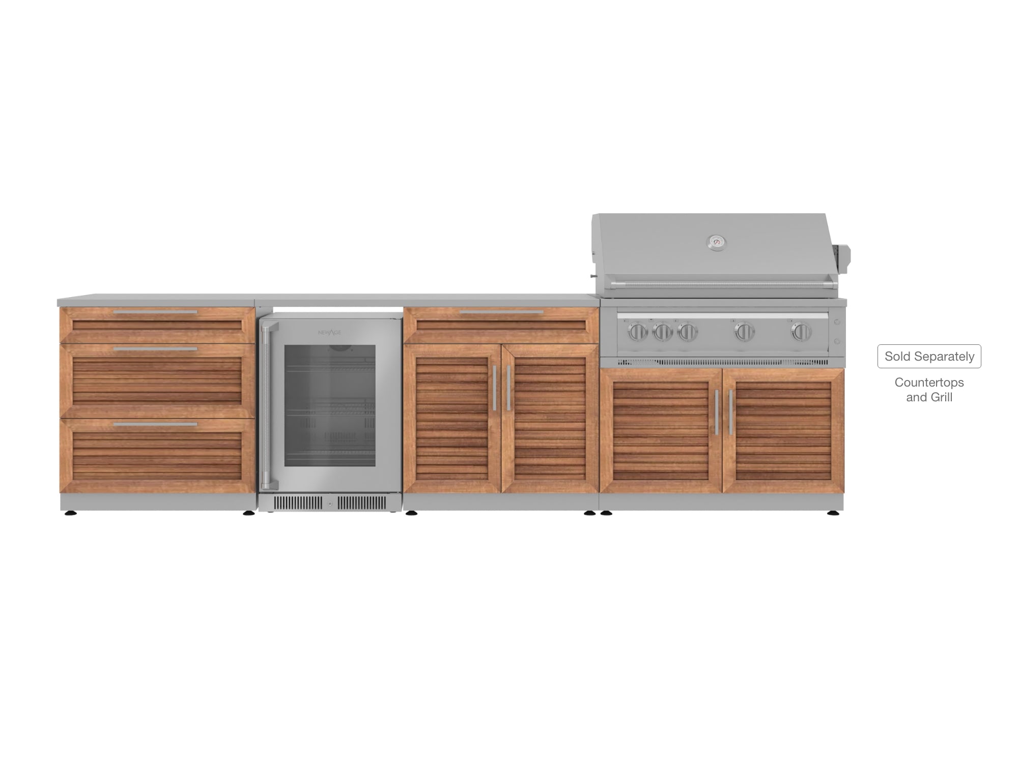 Outdoor Kitchen Stainless Steel Louvered Doors 4 Piece Cabinet Set with 3-Drawer, Bar, Grill Cabinet and Fridge