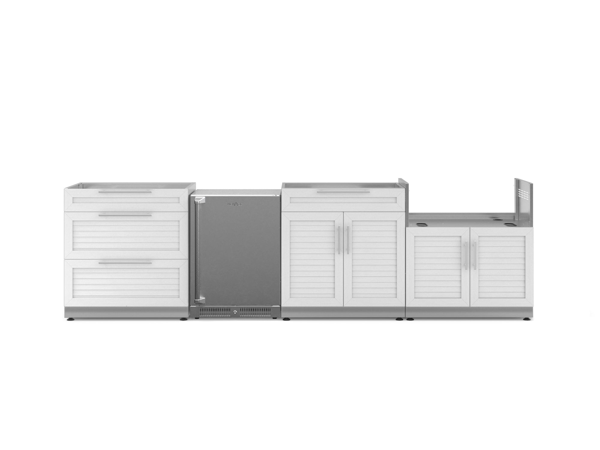 Outdoor Kitchen Stainless Steel Louvered Doors 4 Piece Cabinet Set with 3-Drawer, Bar, Grill Cabinet and Fridge