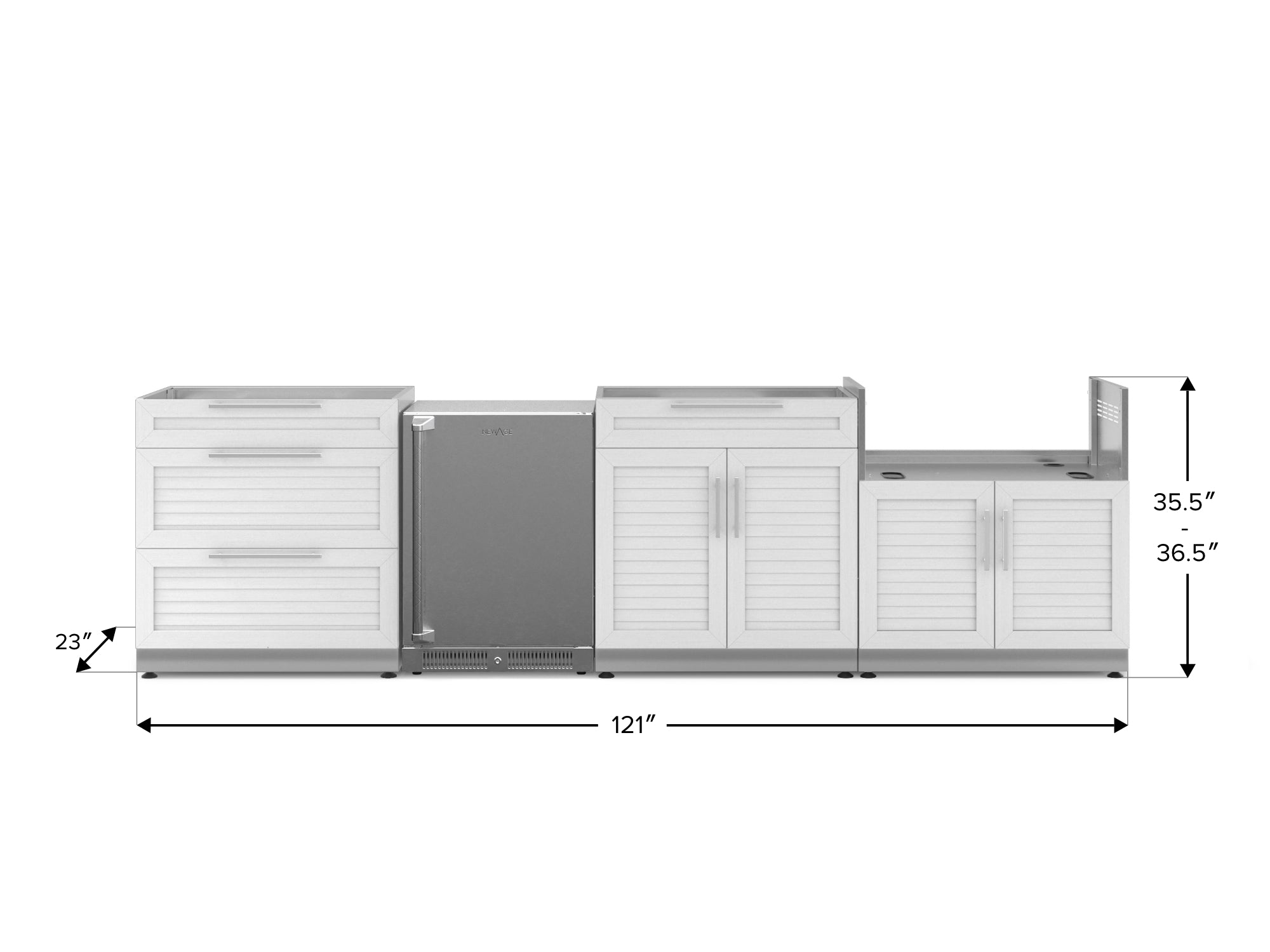 Outdoor Kitchen Stainless Steel Louvered Doors 4 Piece Cabinet Set with 3-Drawer, Bar, Grill Cabinet and Fridge