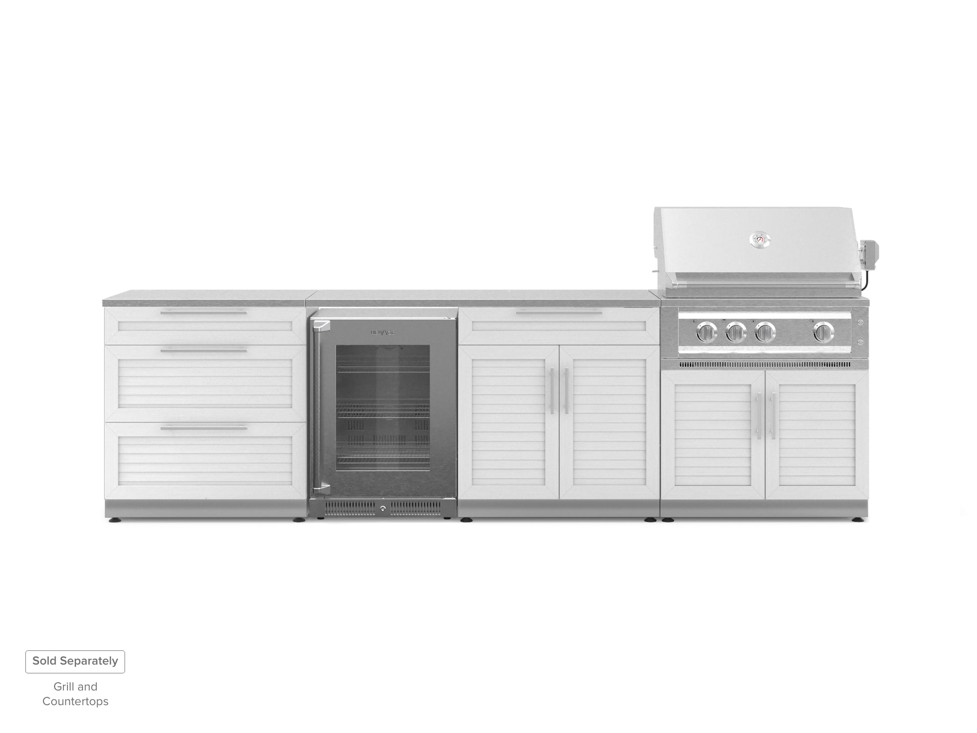 Outdoor Kitchen Stainless Steel Louvered Doors 4 Piece Cabinet Set with 3-Drawer, Bar, Grill Cabinet and Fridge