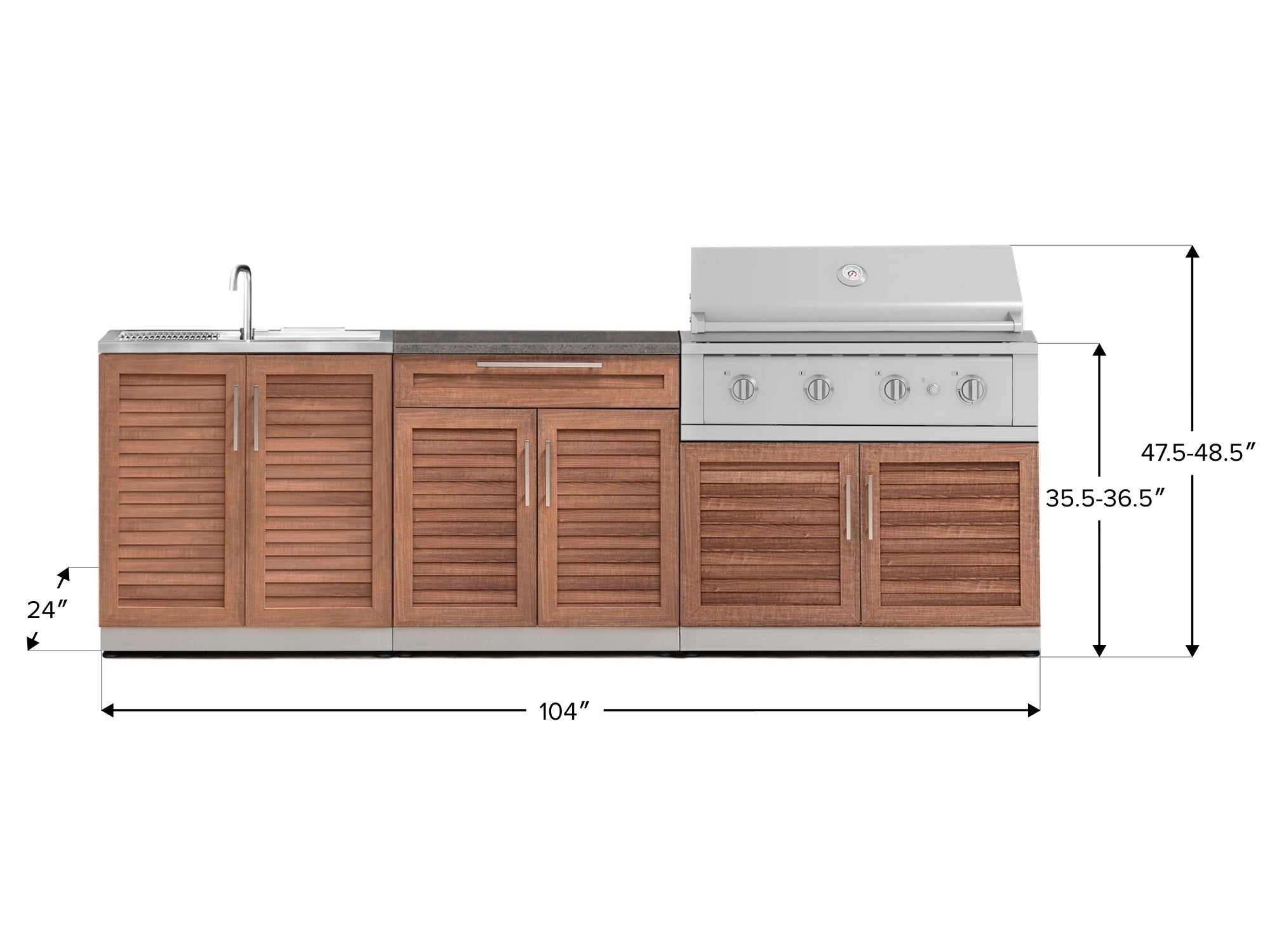 Outdoor Kitchen Stainless-Steel Louvered Doors 5 Piece Cabinet Set with Bar, Sink, Grill Cabinet, Performance Grill, and Countertop