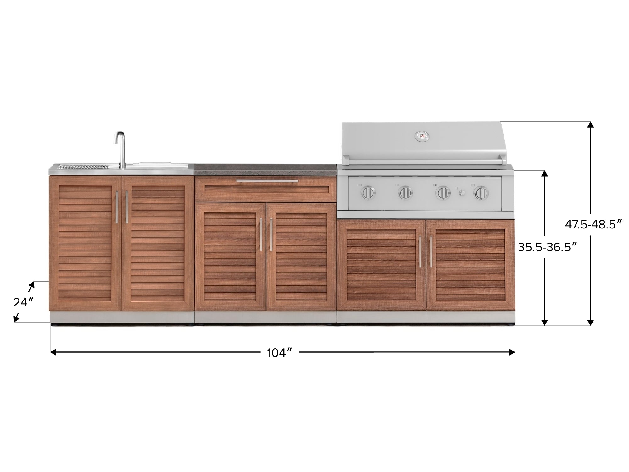 Outdoor Kitchen Stainless-Steel Louvered Doors 5 Piece Cabinet Set with Bar, Sink, Grill Cabinet, Performance Grill, and Countertop
