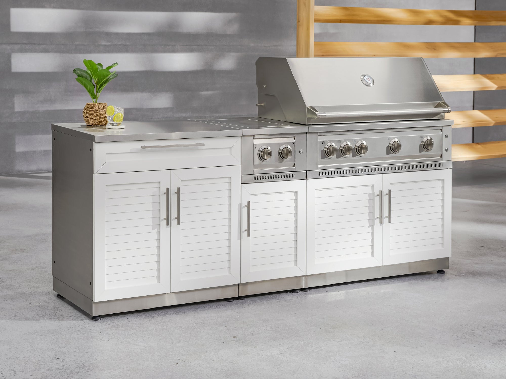 Outdoor Kitchen Stainless-Steel Louvered Doors 5 Piece Cabinet Set with Bar, Sink, Grill Cabinet, Performance Grill, and Countertop