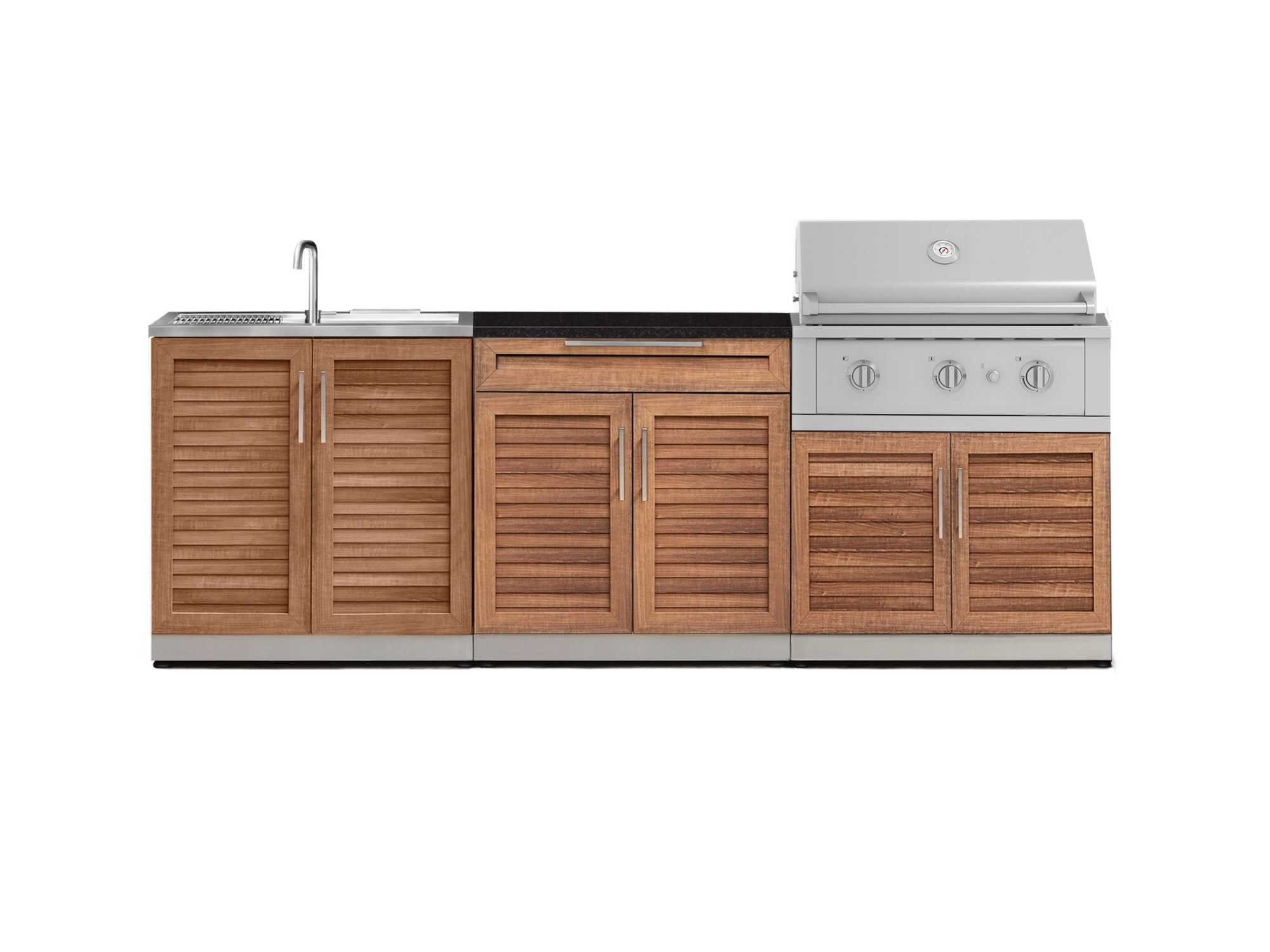 Outdoor Kitchen Stainless-Steel Louvered Doors 5 Piece Cabinet Set with Bar, Sink, Grill Cabinet, Performance Grill, and Countertop