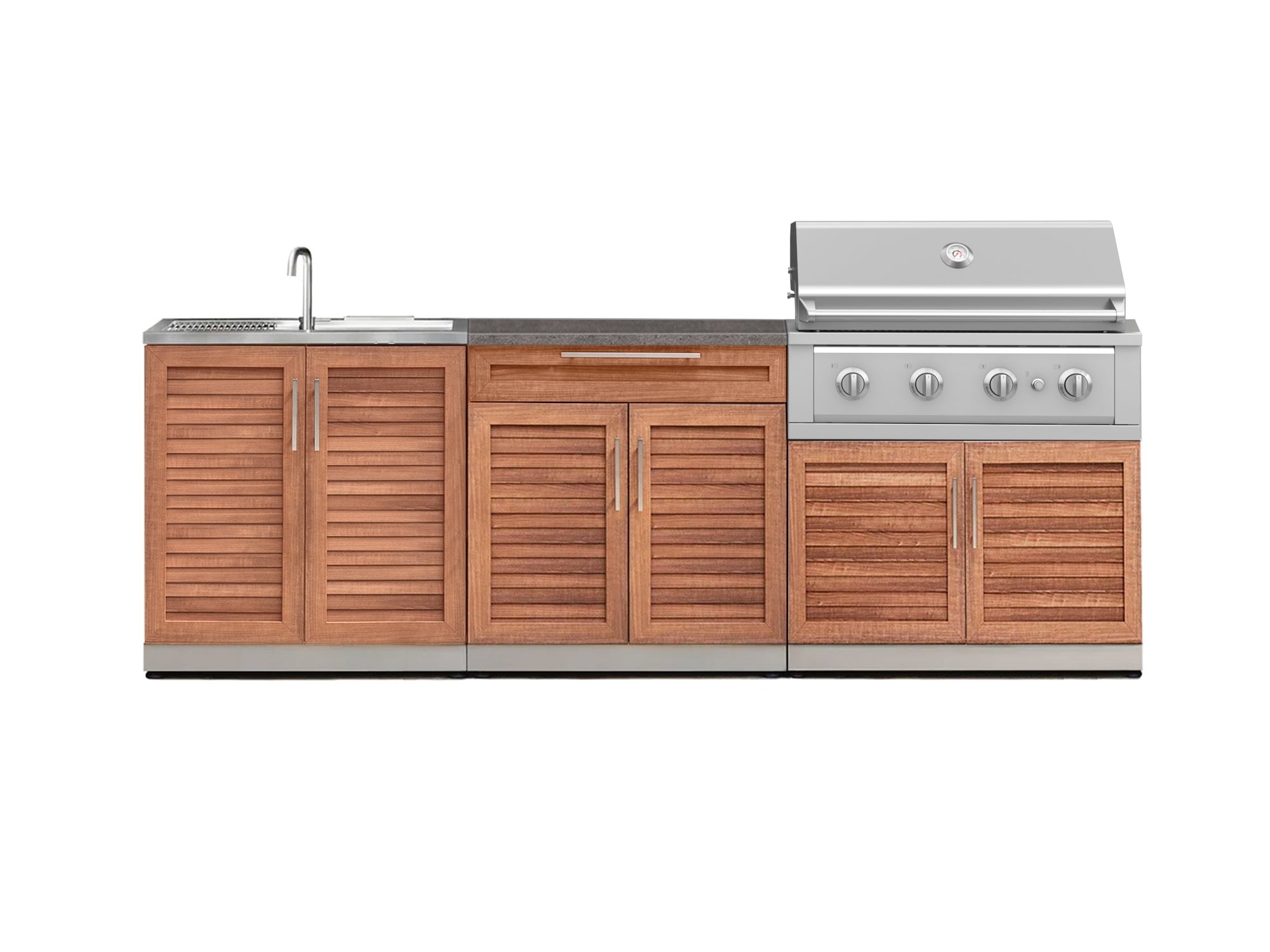 Outdoor Kitchen Stainless-Steel Louvered Doors 5 Piece Cabinet Set with Bar, Sink, Grill Cabinet, Performance Grill, and Countertop