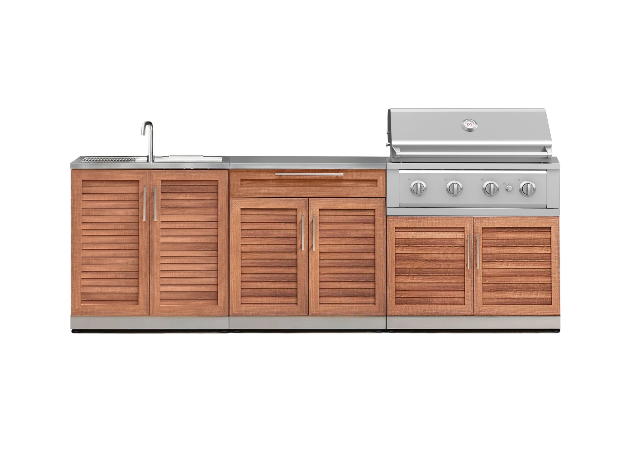 Outdoor Kitchen Stainless-Steel Louvered Doors 5 Piece Cabinet Set with Bar, Sink, Grill Cabinet, Performance Grill, and Countertop