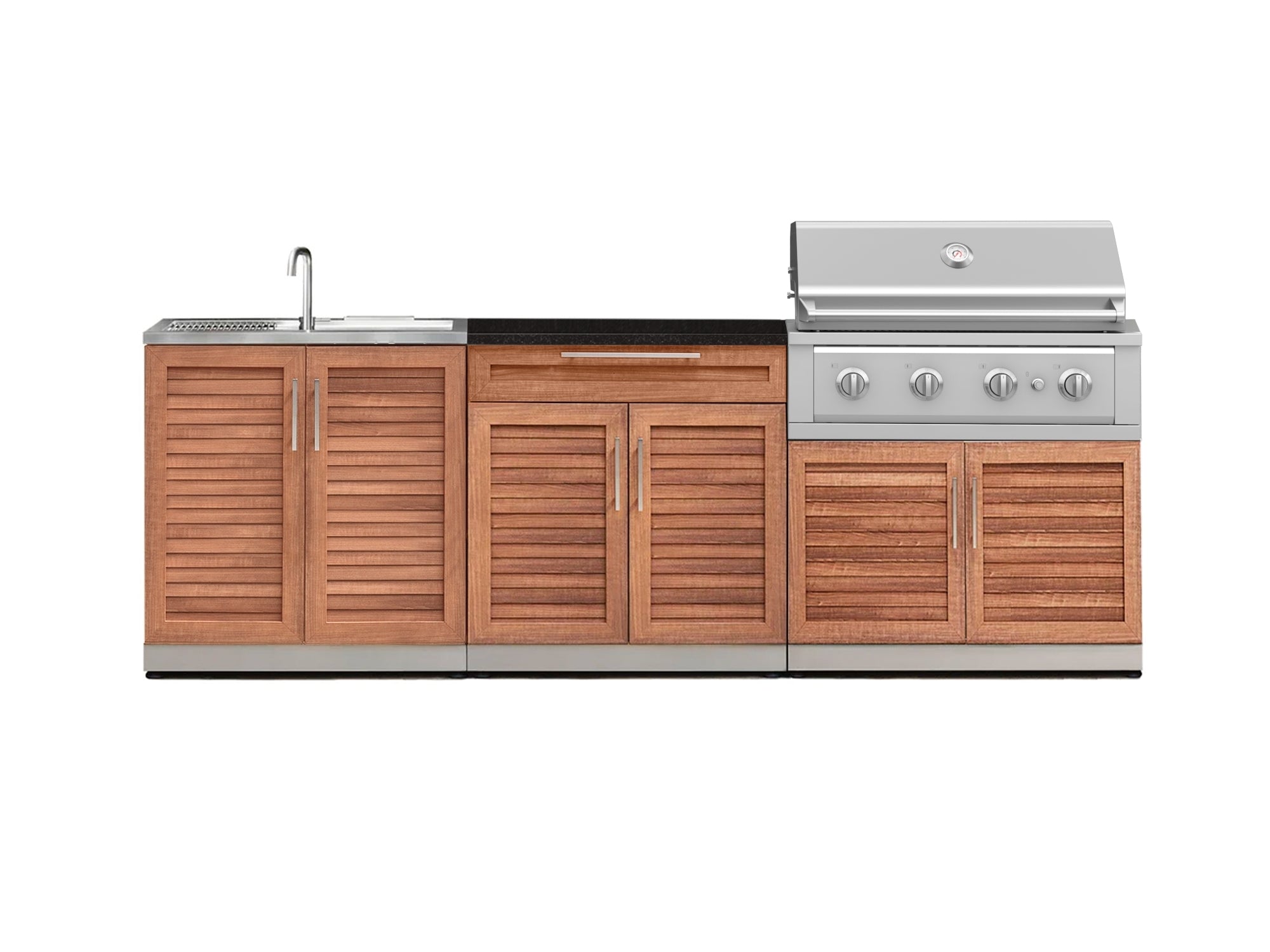 Outdoor Kitchen Stainless-Steel Louvered Doors 5 Piece Cabinet Set with Bar, Sink, Grill Cabinet, Performance Grill, and Countertop