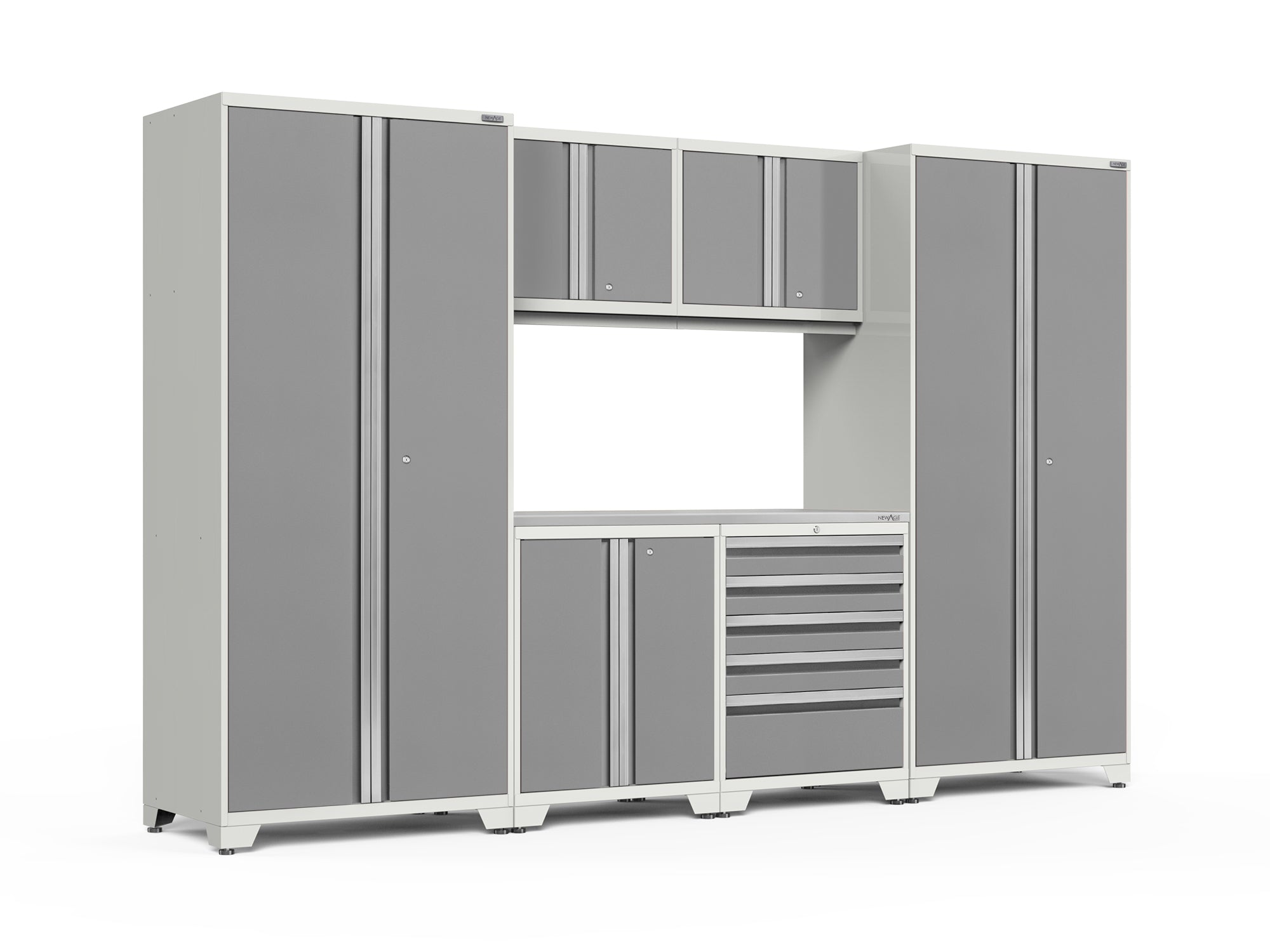 Pro Series 7 Piece Cabinet Set with Base, Wall, Tool Drawer Cabinet, Lockers and 56 in. Worktop