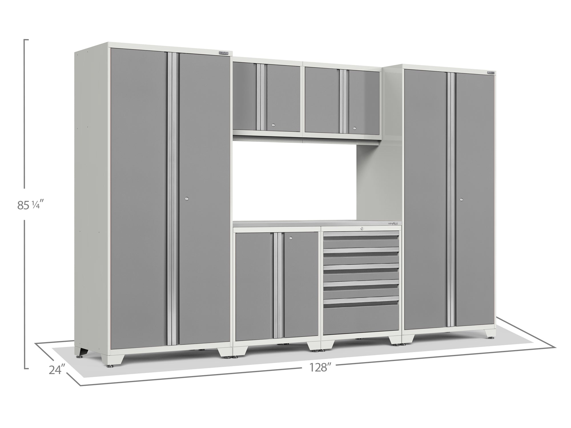 Pro Series 7 Piece Cabinet Set with Base, Wall, Tool Drawer Cabinet, Lockers and 56 in. Worktop