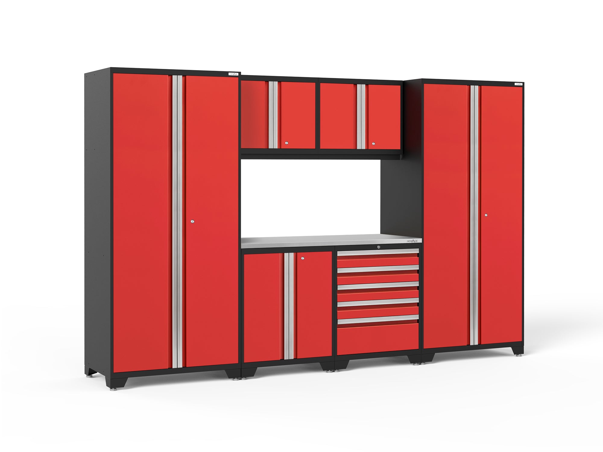 Pro Series 7 Piece Cabinet Set with Base, Wall, Tool Drawer Cabinet, Lockers and 56 in. Worktop