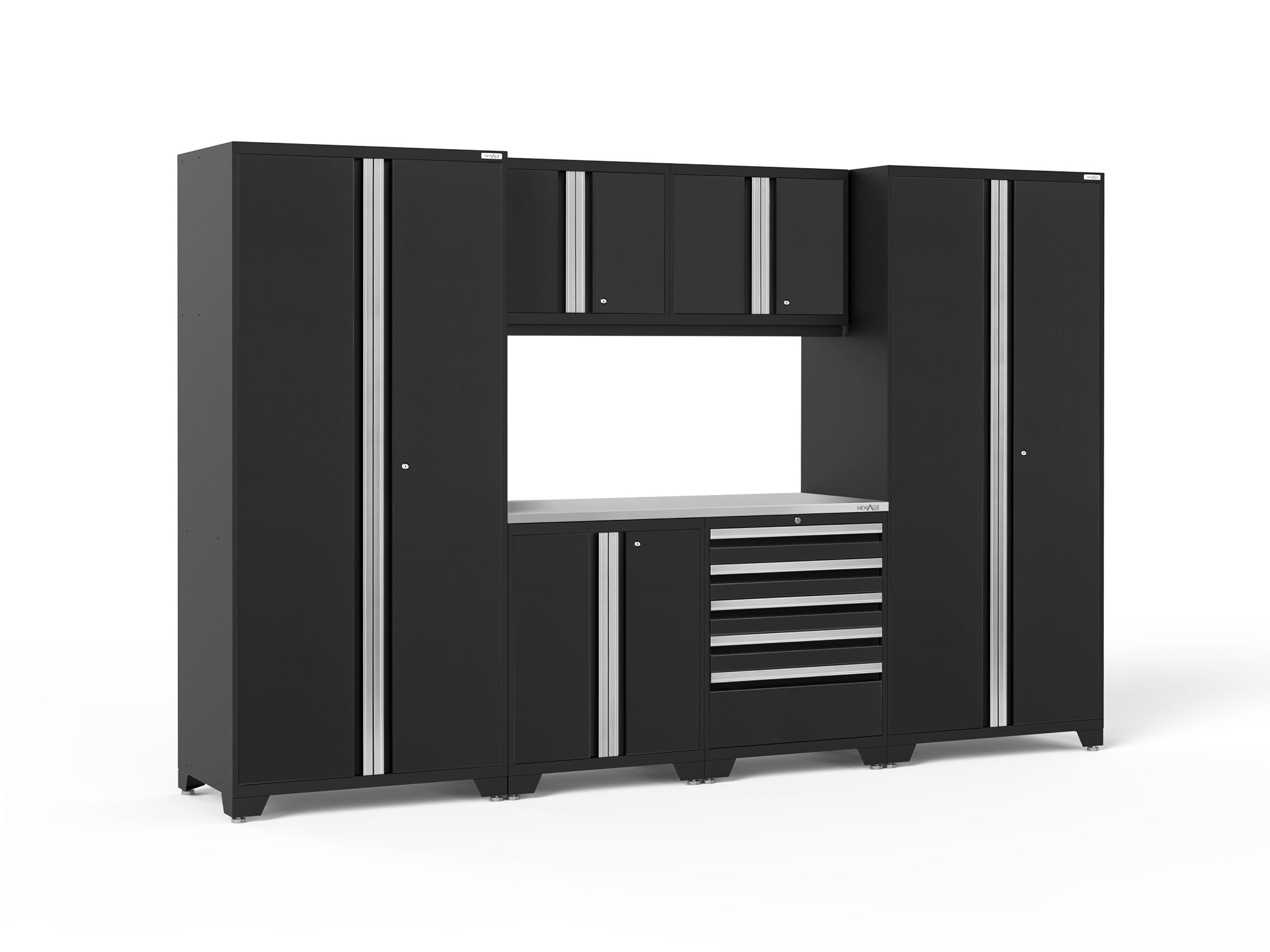 Pro Series 7 Piece Cabinet Set with Base, Wall, Tool Drawer Cabinet, Lockers and 56 in. Worktop