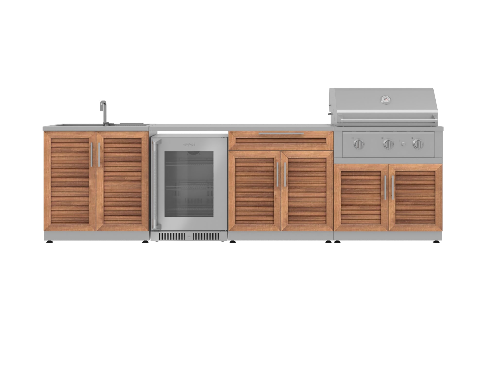 Outdoor Kitchen Stainless Steel Louvered Doors 6 Piece Cabinet Set with Sink, Bar, Grill Cabinet, Performance Grill, Countertop and Glass Door Fridge