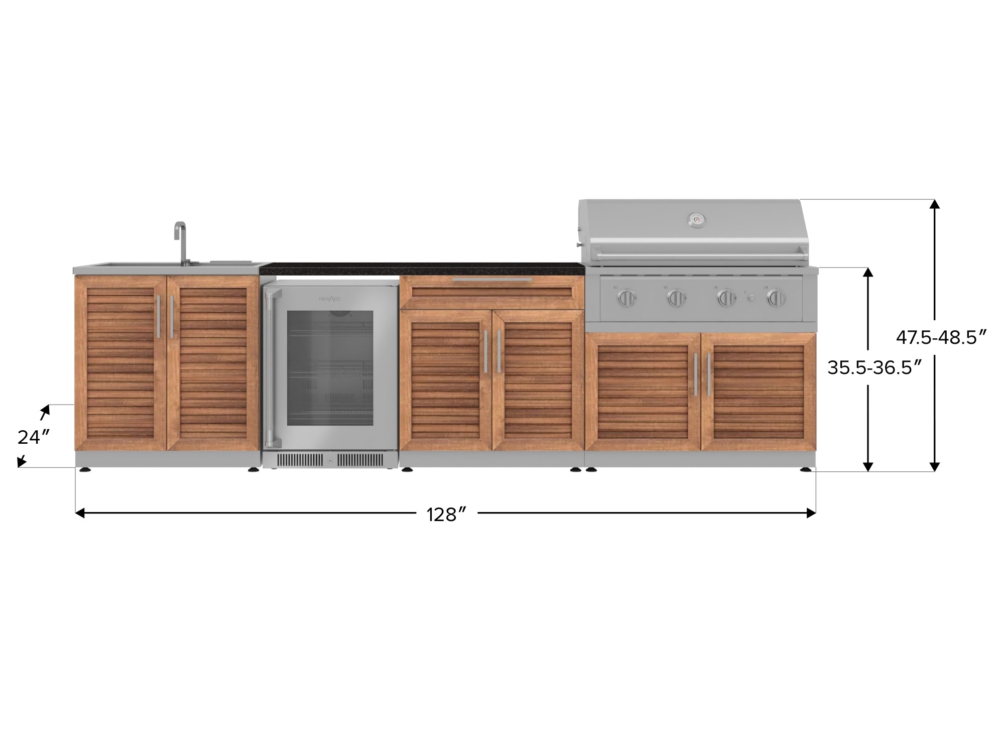 Outdoor Kitchen Stainless Steel Louvered Doors 6 Piece Cabinet Set with Sink, Bar, Grill Cabinet, Performance Grill, Countertop and Glass Door Fridge