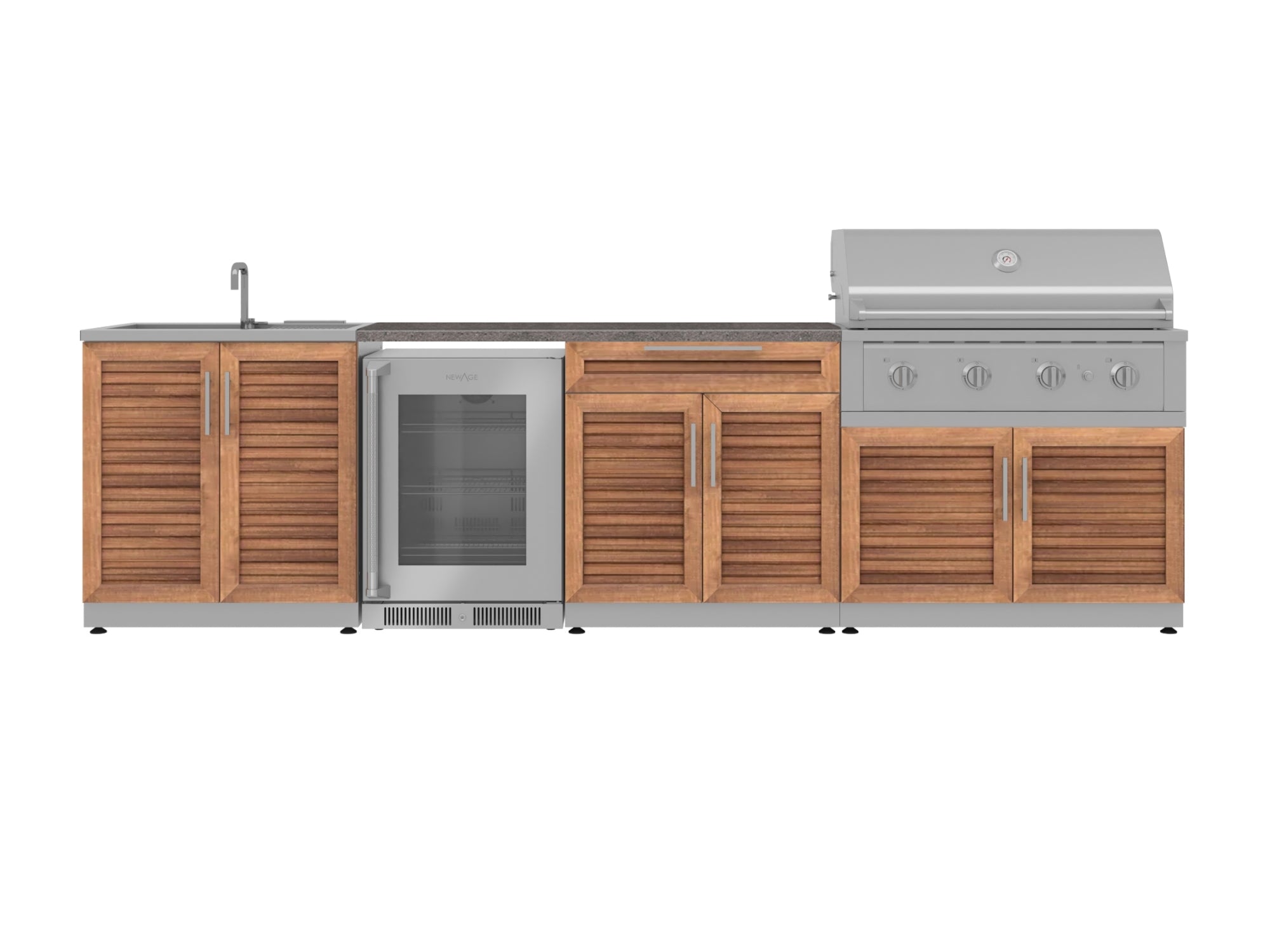 Outdoor Kitchen Stainless Steel Louvered Doors 6 Piece Cabinet Set with Sink, Bar, Grill Cabinet, Performance Grill, Countertop and Glass Door Fridge