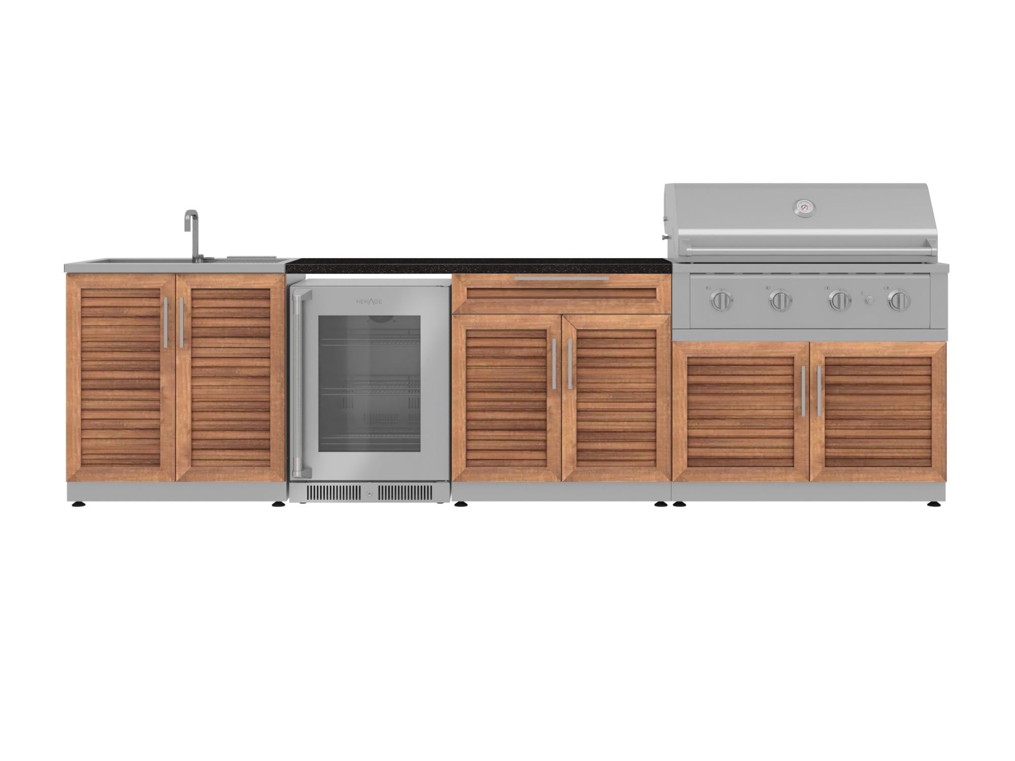 Outdoor Kitchen Stainless Steel Louvered Doors 6 Piece Cabinet Set with Sink, Bar, Grill Cabinet, Performance Grill, Countertop and Glass Door Fridge