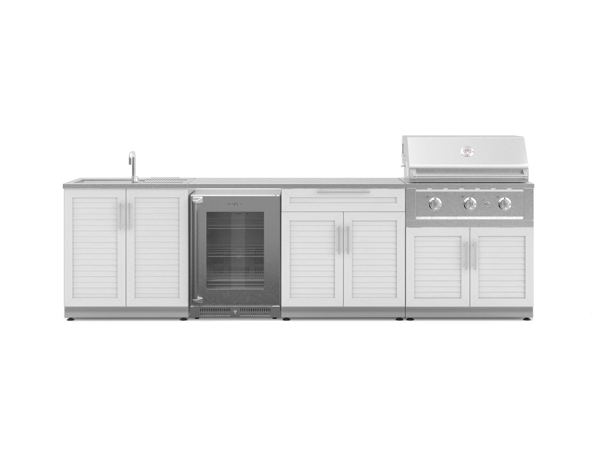 Outdoor Kitchen Stainless Steel Louvered Doors 6 Piece Cabinet Set with Sink, Bar, Grill Cabinet, Performance Grill, Countertop and Glass Door Fridge