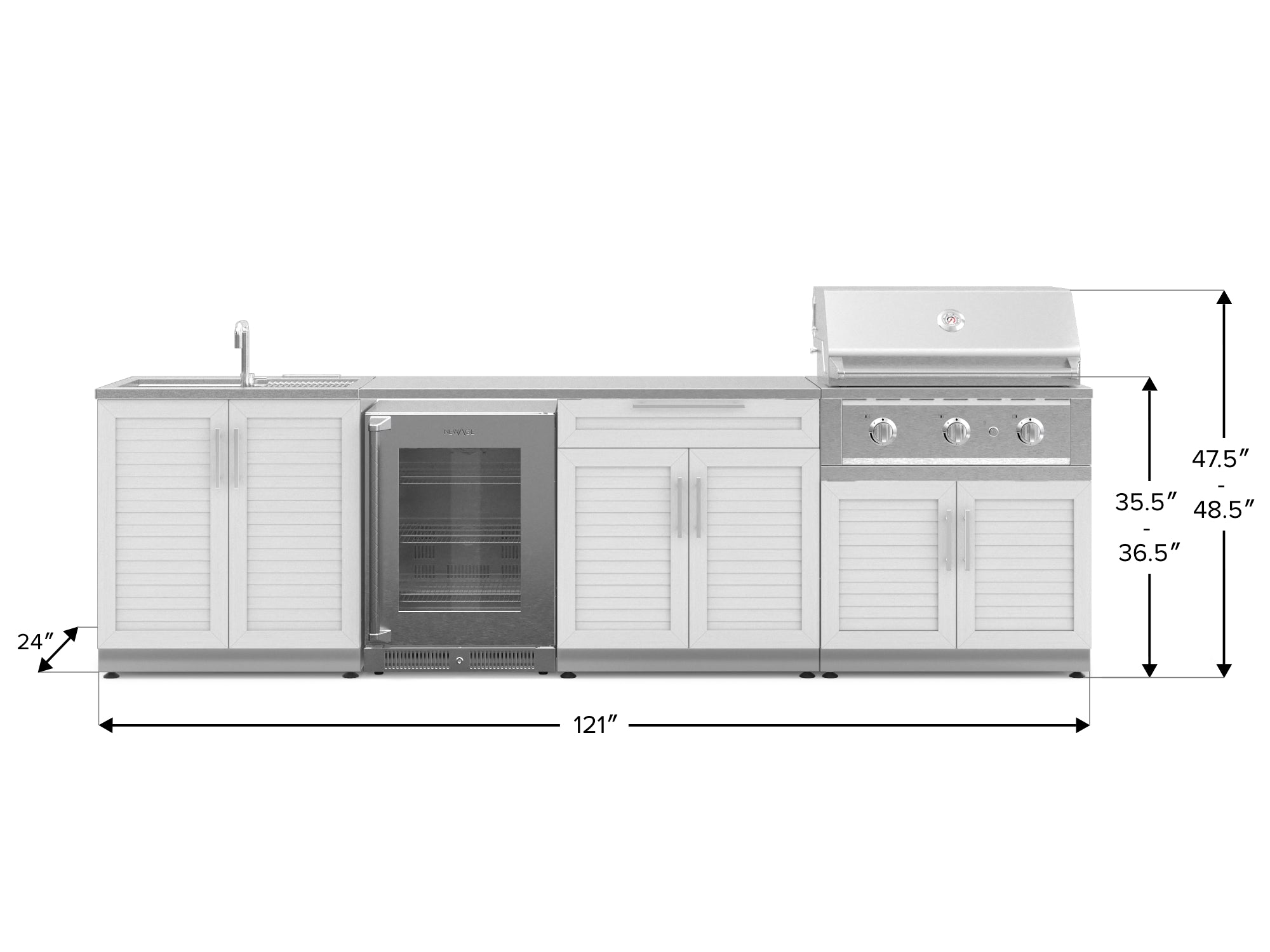 Outdoor Kitchen Stainless Steel Louvered Doors 6 Piece Cabinet Set with Sink, Bar, Grill Cabinet, Performance Grill, Countertop and Glass Door Fridge