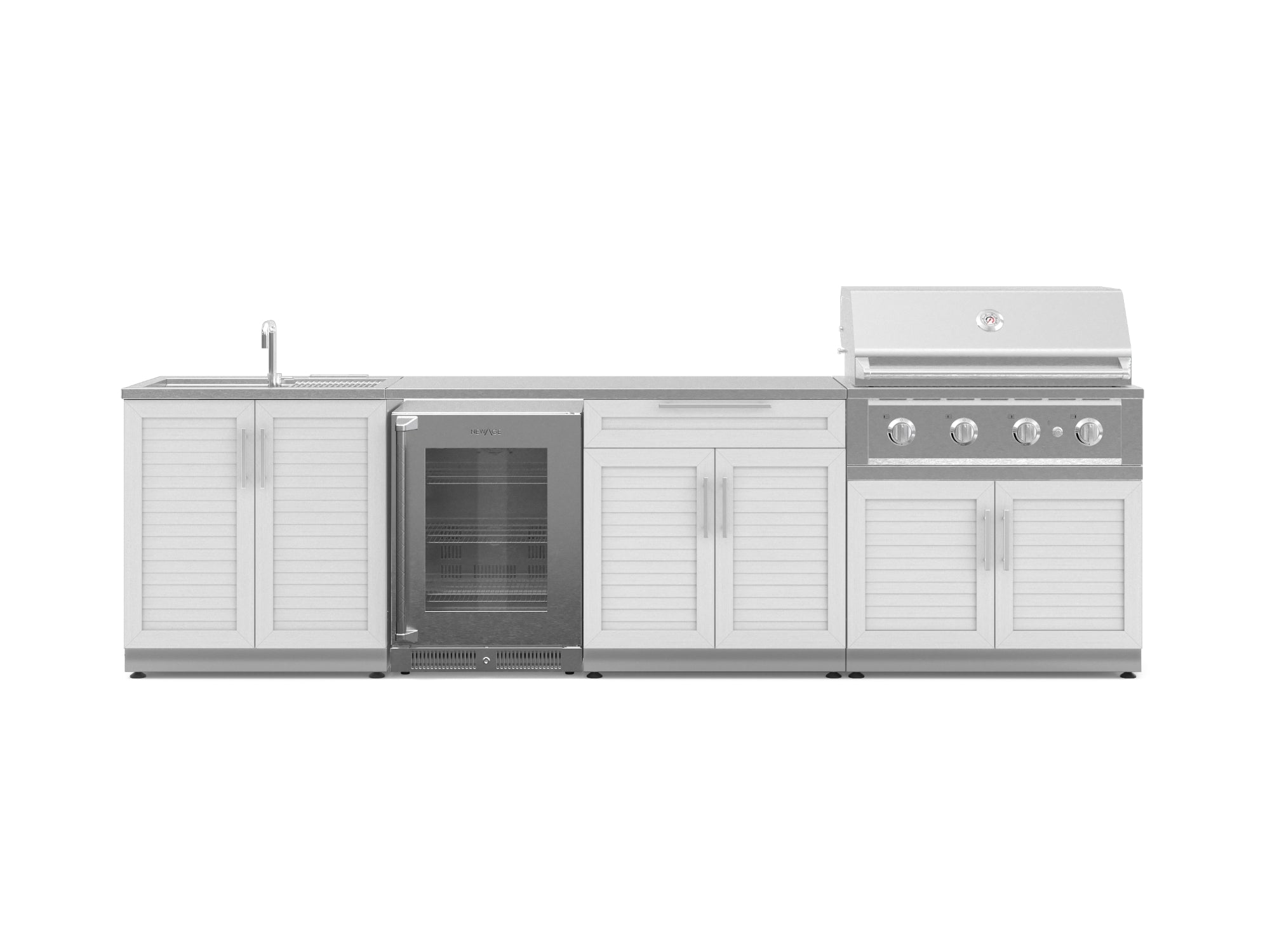 Outdoor Kitchen Stainless Steel Louvered Doors 6 Piece Cabinet Set with Sink, Bar, Grill Cabinet, Performance Grill, Countertop and Glass Door Fridge