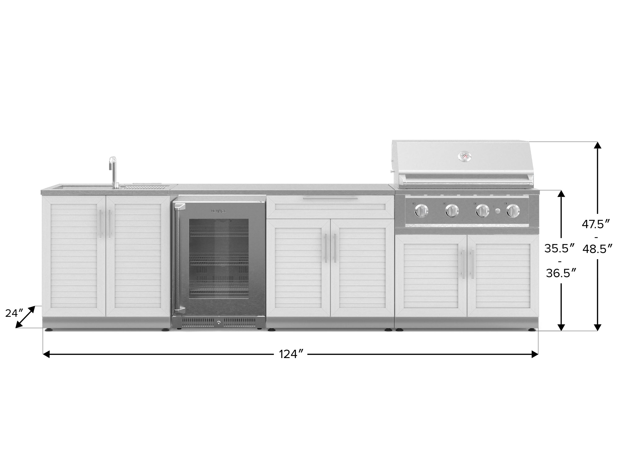 Outdoor Kitchen Stainless Steel Louvered Doors 6 Piece Cabinet Set with Sink, Bar, Grill Cabinet, Performance Grill, Countertop and Glass Door Fridge