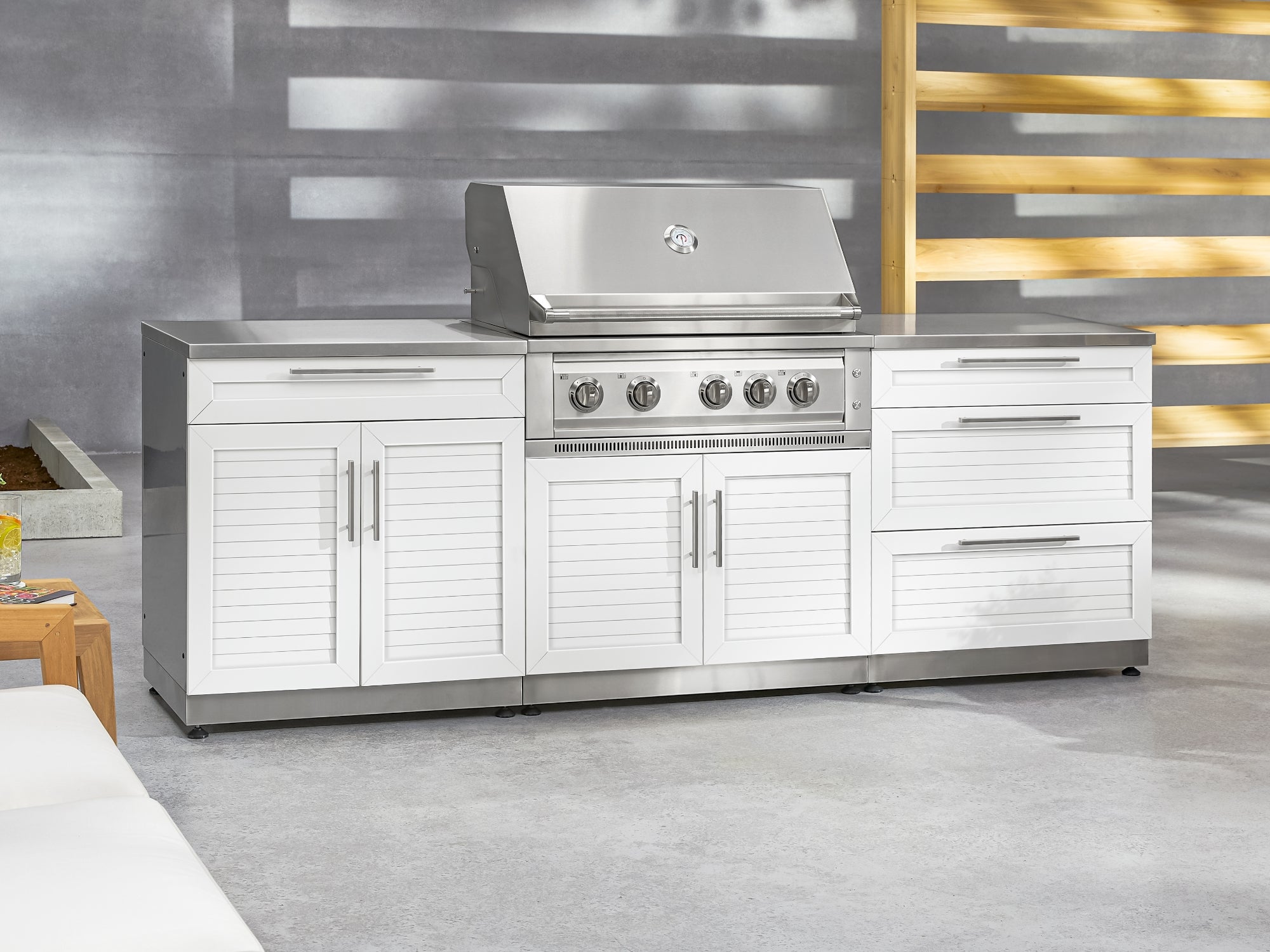 Outdoor Kitchen Stainless Steel Louvered Doors 6 Piece Cabinet Set with Sink, Bar, Grill Cabinet, Performance Grill, Countertop and Glass Door Fridge