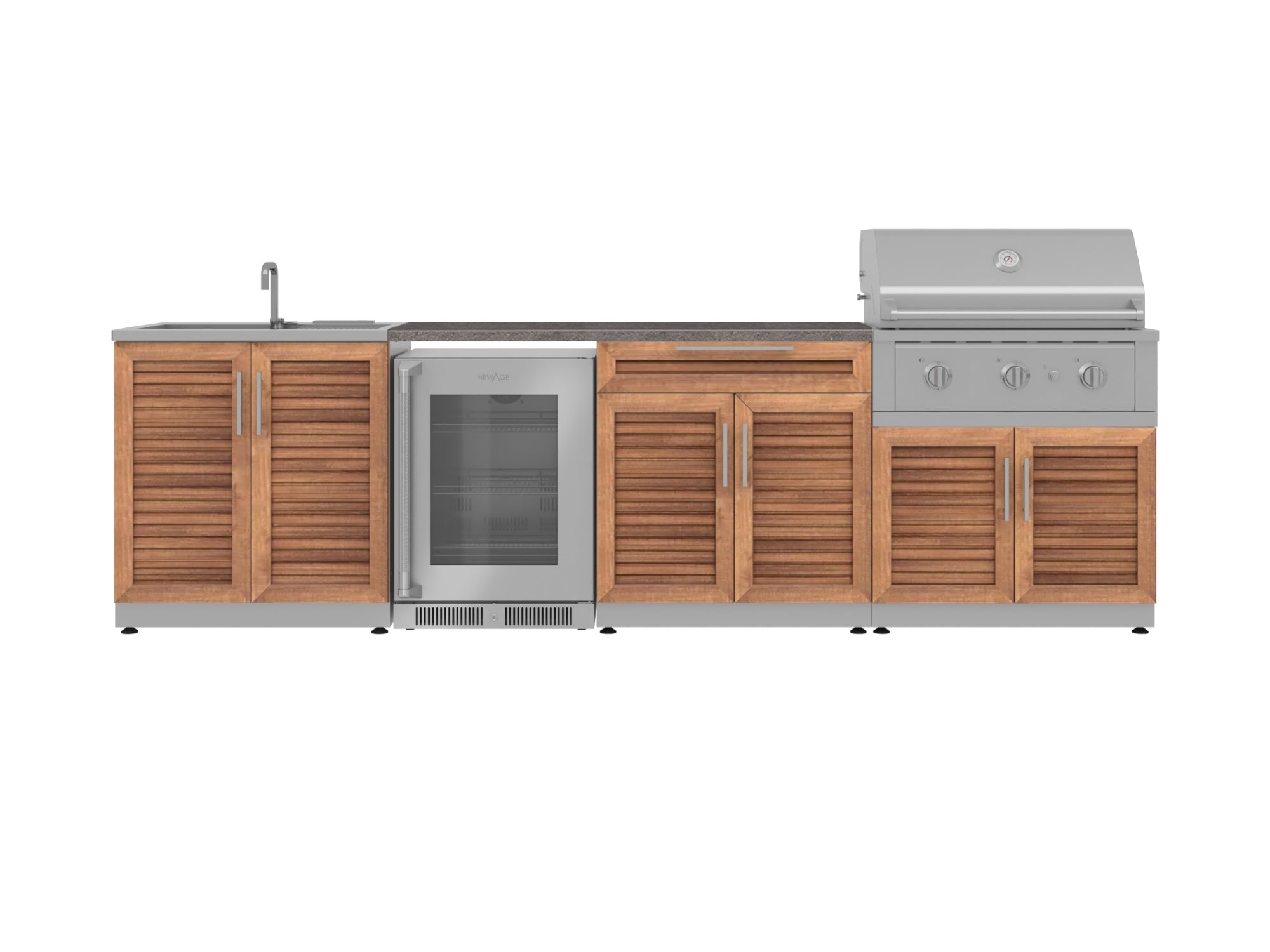 Outdoor Kitchen Stainless Steel Louvered Doors 6 Piece Cabinet Set with Sink, Bar, Grill Cabinet, Performance Grill, Countertop and Glass Door Fridge