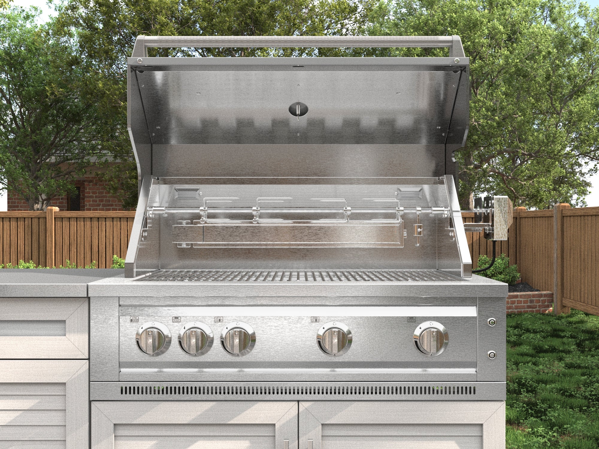 Outdoor Kitchen Stainless Steel Louvered Doors 6 Piece Cabinet Set with Sink, Bar, Grill Cabinet, Performance Grill, Countertop and Glass Door Fridge